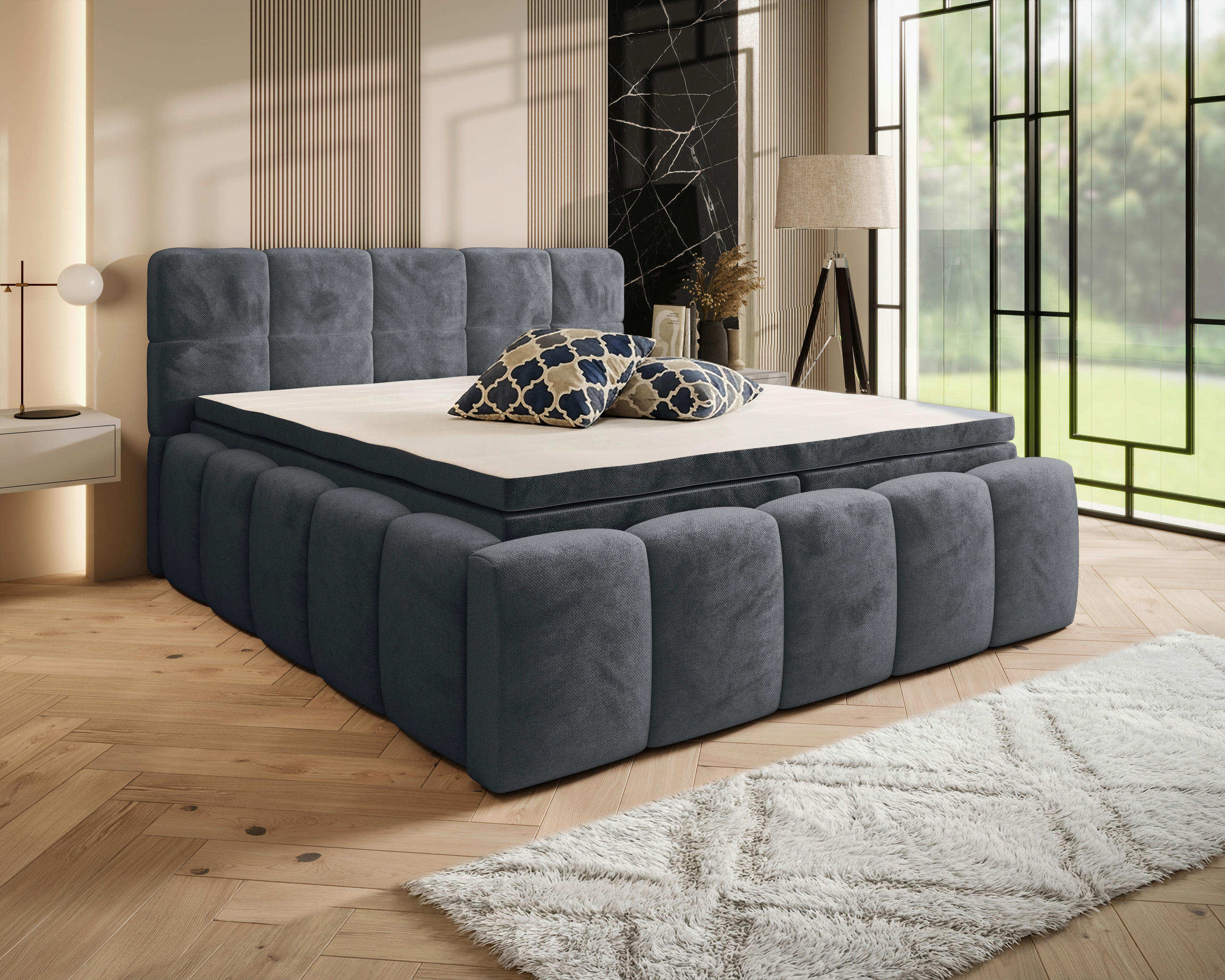 BOXBETT 200/200 cm,  in Anthrazit, gepolstertes Kopfteil, Bettkasten, Topper, Matratzen, H3 + H3 = fest  - Anthrazit/Schwarz, MODERN, Kunststoff/Textil (200/200cm) - Xora