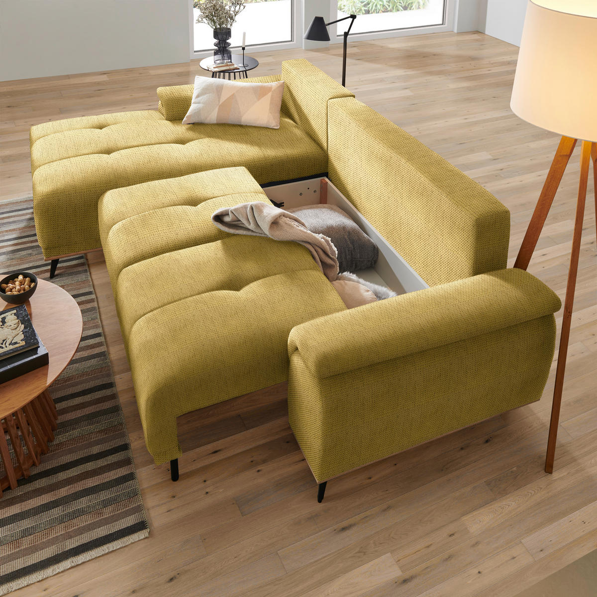 ECKSOFA in Chenille Goldfarben  - Goldfarben/Schwarz, Modern, Textil/Metall (168/262cm) - home24