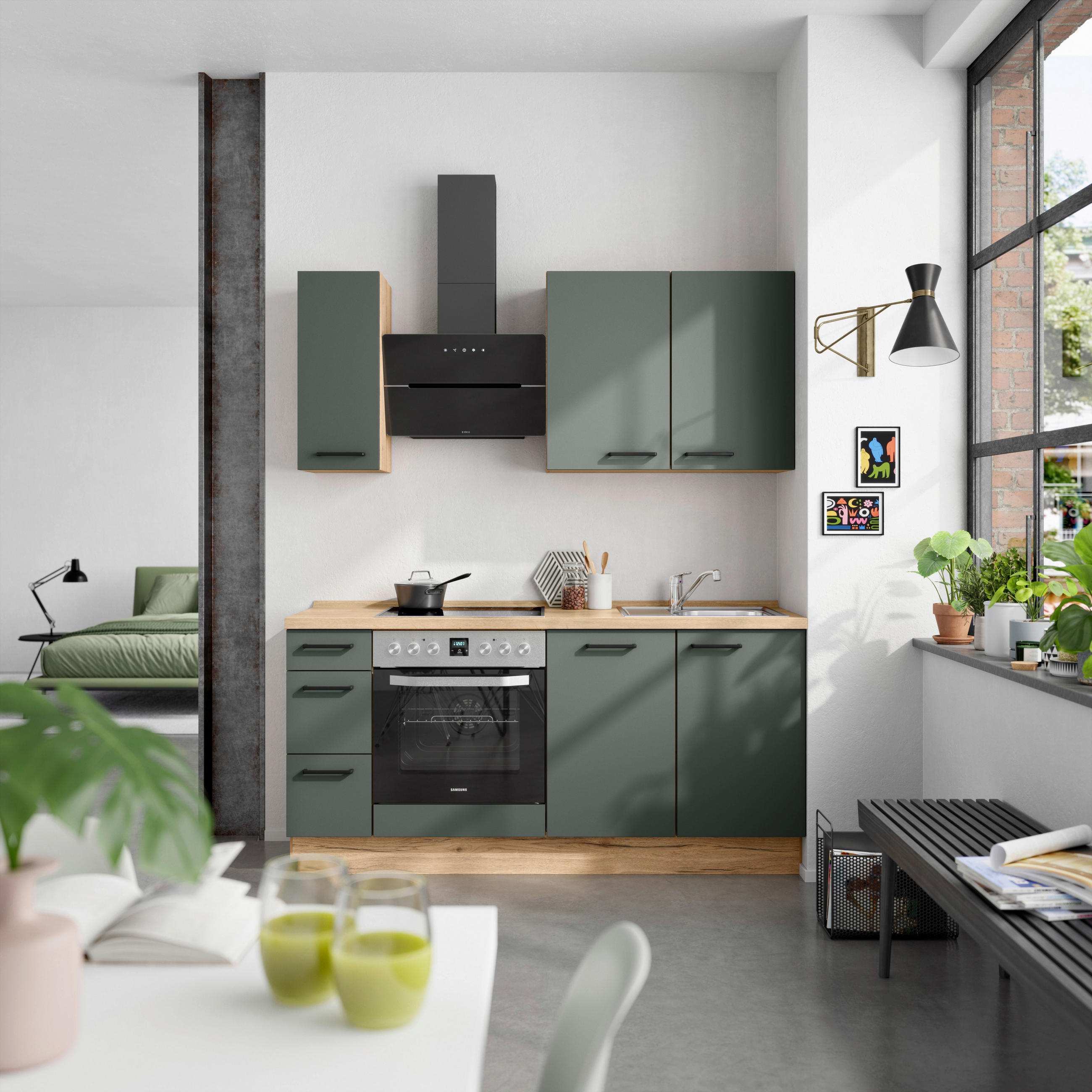 KÜCHENBLOCK 180 cm   in Eichefarben, Dunkelgrün  - Dunkelgrün/Eichefarben, MODERN, Holzwerkstoff/Metall (180cm) - Nobilia