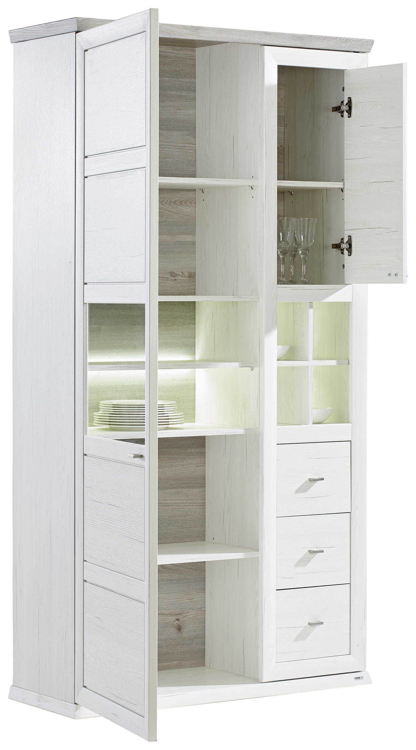 Thumbnail - Hom`in Vitrine, Grau, Weiß, Holzwerkstoff, 4 Fächer, 3 Schubladen, 110x209x43 cm, Typenauswahl, Wohnzimmer, Wohnwände, V...