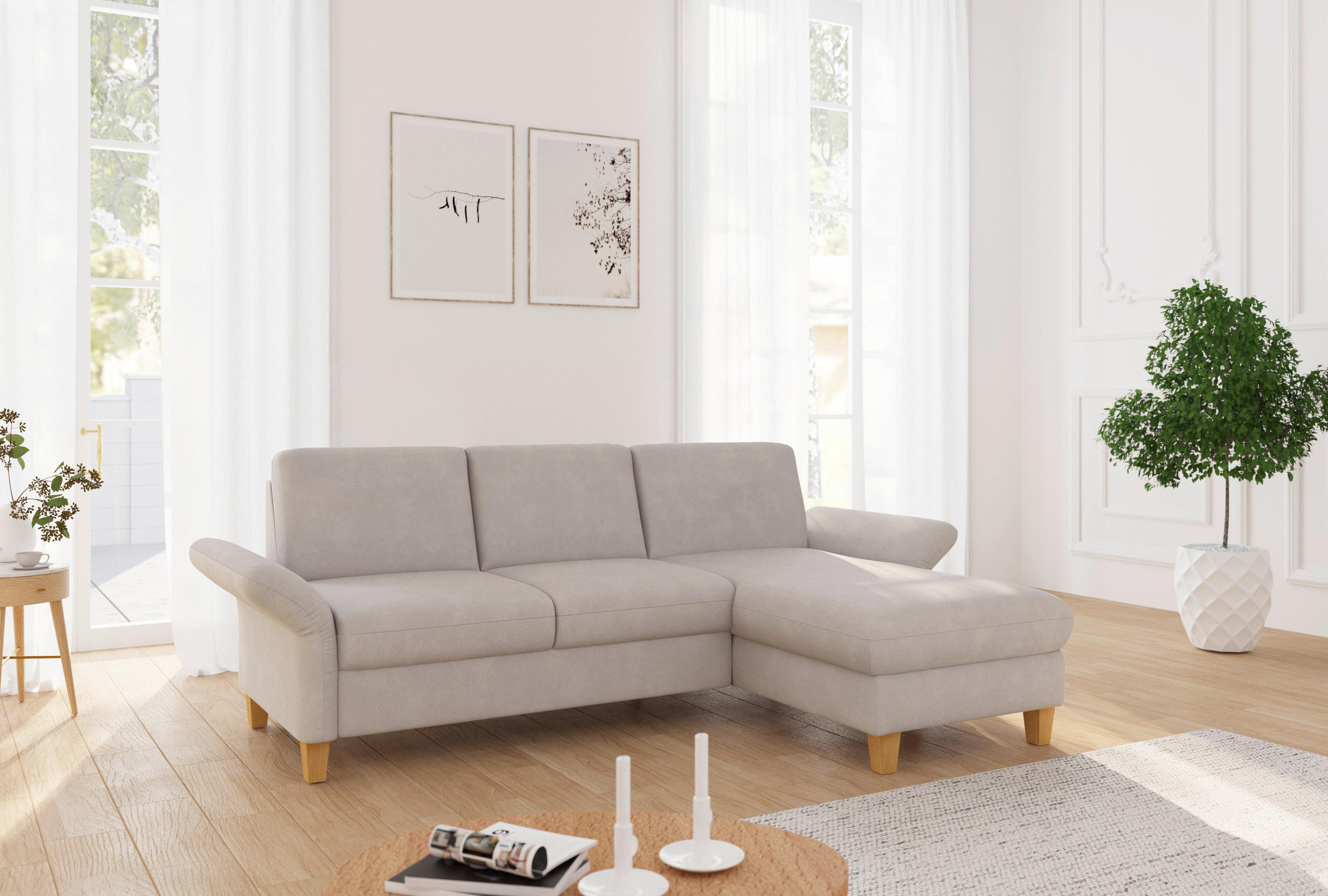 ECKSOFA ROCHELLE E Greige Flachgewebe  - Greige/Eichefarben, KONVENTIONELL, Holz/Textil (251/164cm) - Sit & More