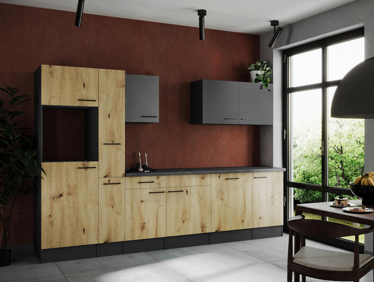 MODULKÖK UTAN VITVAROR 310 cm   i grå, ek Artisan  - svart/grå, Design, metall/trämaterial (310cm) - Respekta