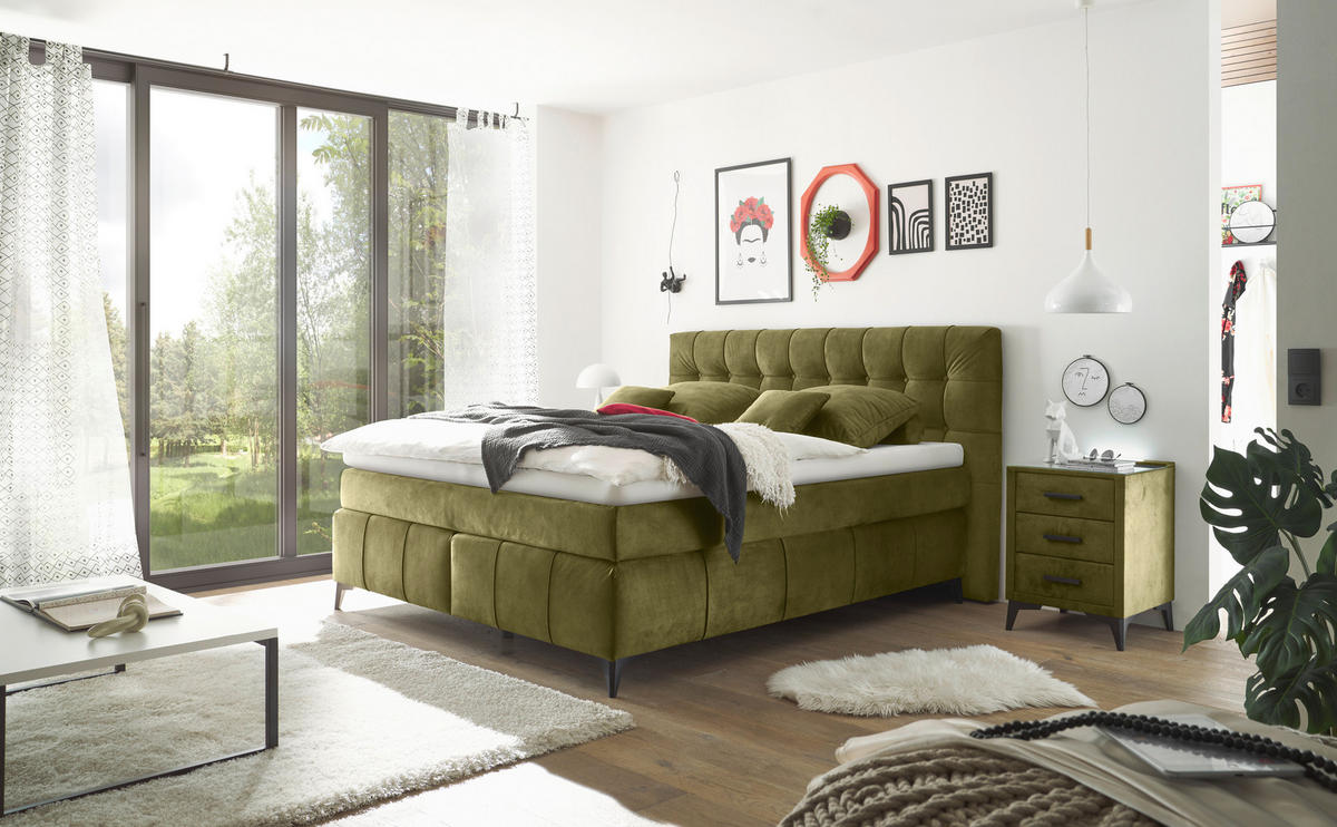 BOXSPRINGBETT 180/200 cm  in Olivgrün  - Schwarz/Olivgrün, Konventionell, Kunststoff/Textil (180/200cm) - Modante