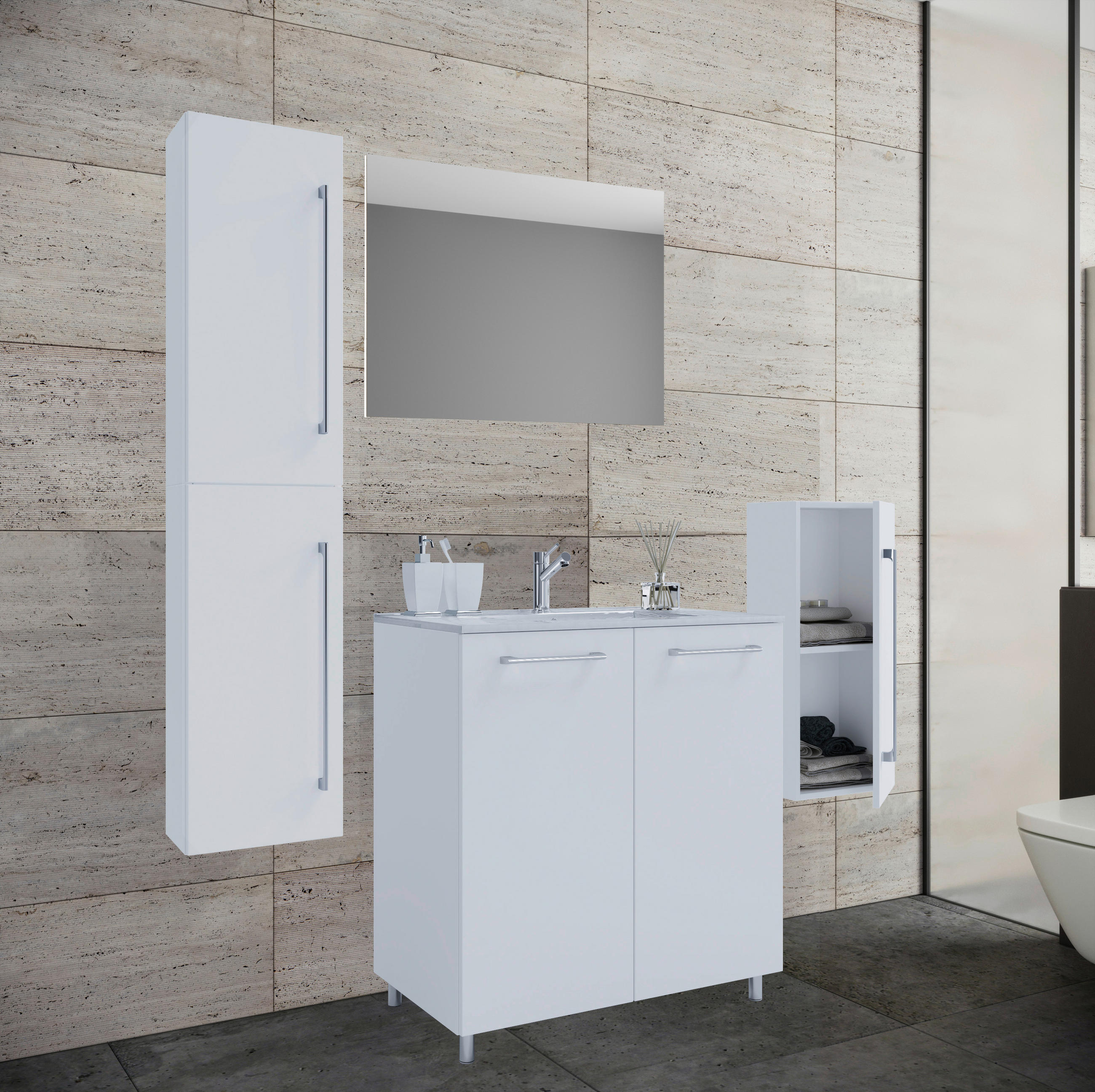 BADEZIMMER 5-teilig  in 147 cm  - Alufarben/Weiß, MODERN, Keramik/Holzwerkstoff (147cm) - MID.YOU