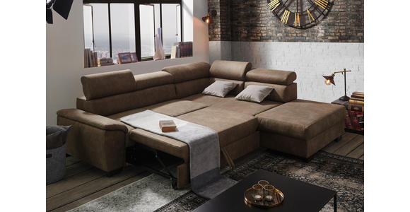 WOHNLANDSCHAFT in Textil Taupe - Taupe/Wengefarben, MODERN, Holz/Textil (263/229cm) - Hom`in