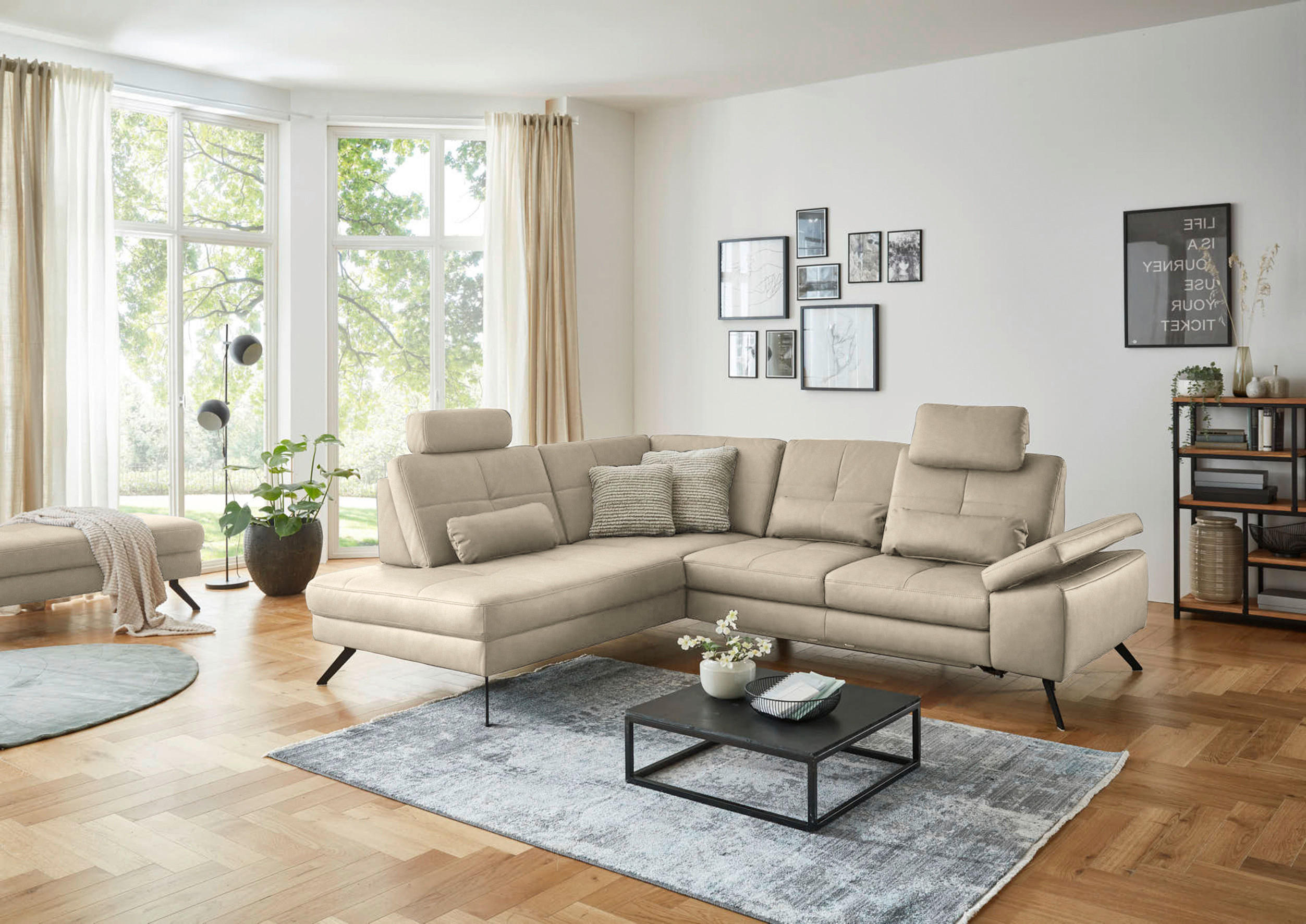 ECKSOFA in Lederlook, Mikrofaser Beige  - Beige/Schwarz, Design, Textil/Metall (194/261cm) - Beldomo System
