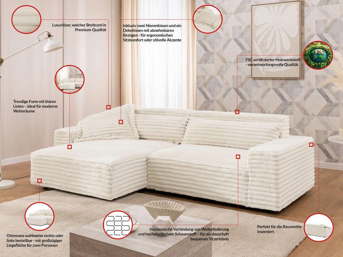 ECKSOFA Cord Beige  - Beige/Schwarz, Design, Kunststoff/Textil (251/142cm) - P & B