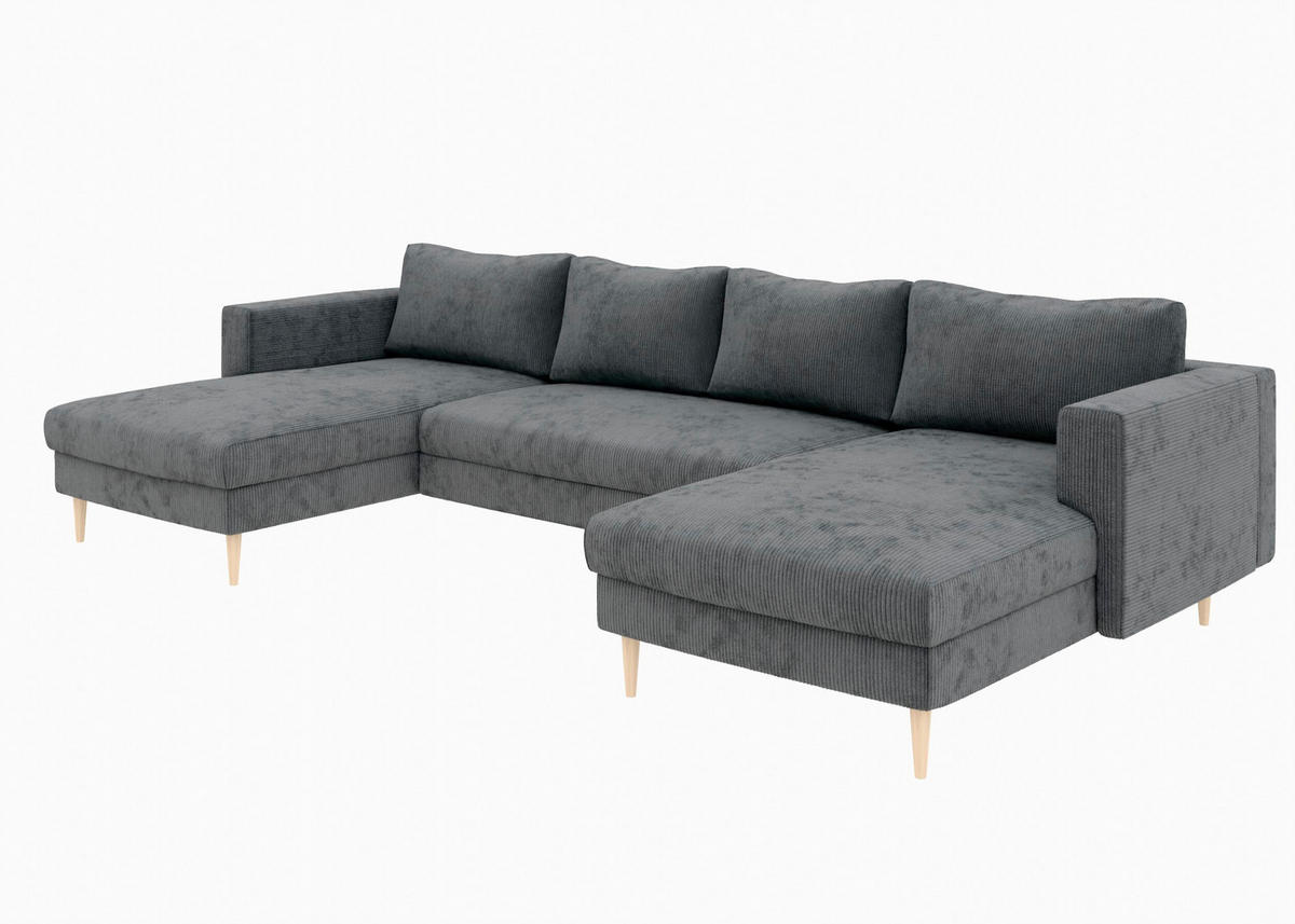 WOHNLANDSCHAFT Dunkelgrau Cord  - Dunkelgrau/Buchefarben, MODERN, Holz/Textil (161/306/161cm) - Trendmanufaktur