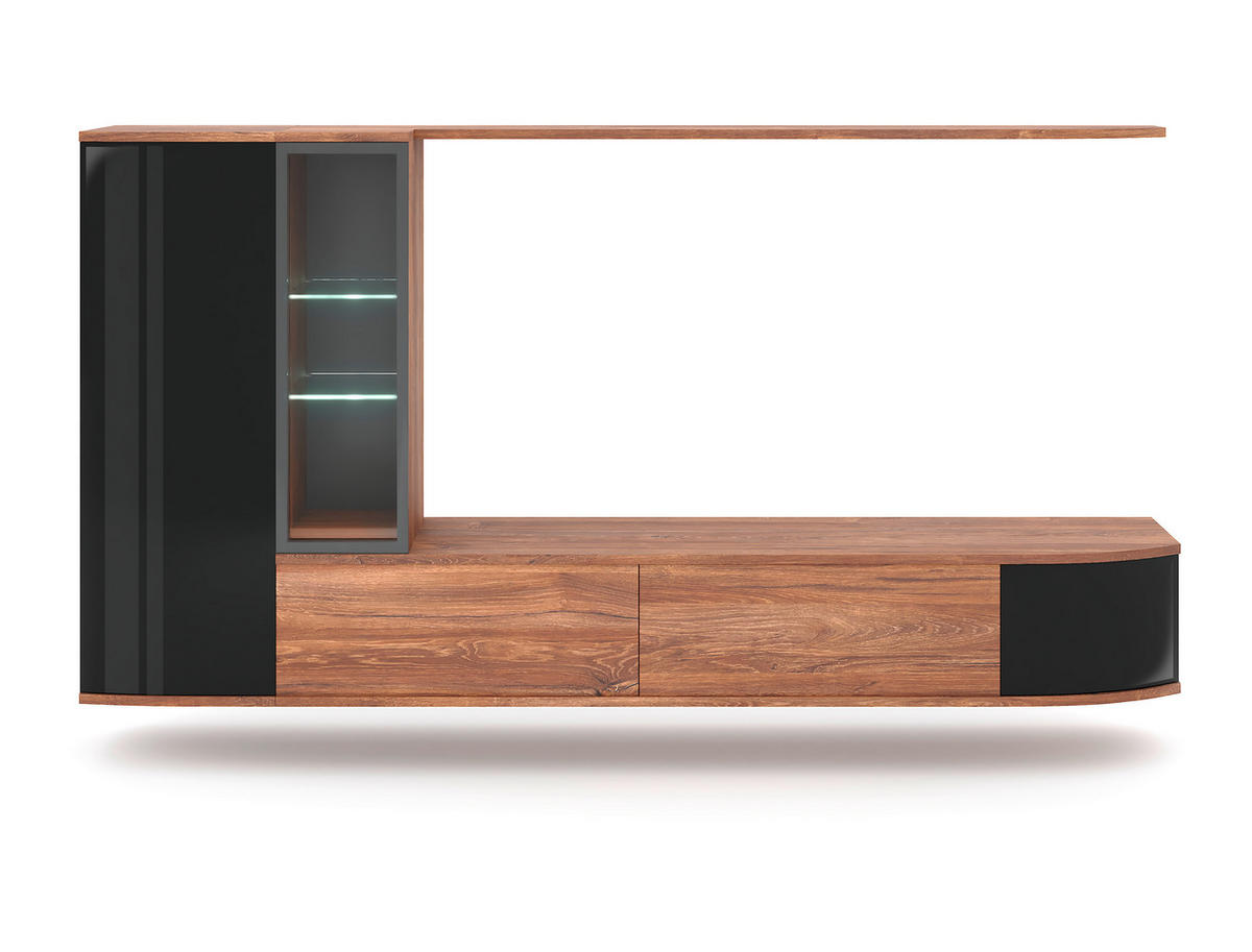 WOHNWAND 4-teilig  in Eichefarben, Schwarz  255/130/40 cm  - Eichefarben/Schwarz, Design, Glas/Holzwerkstoff (255/130/40cm) - MID.YOU