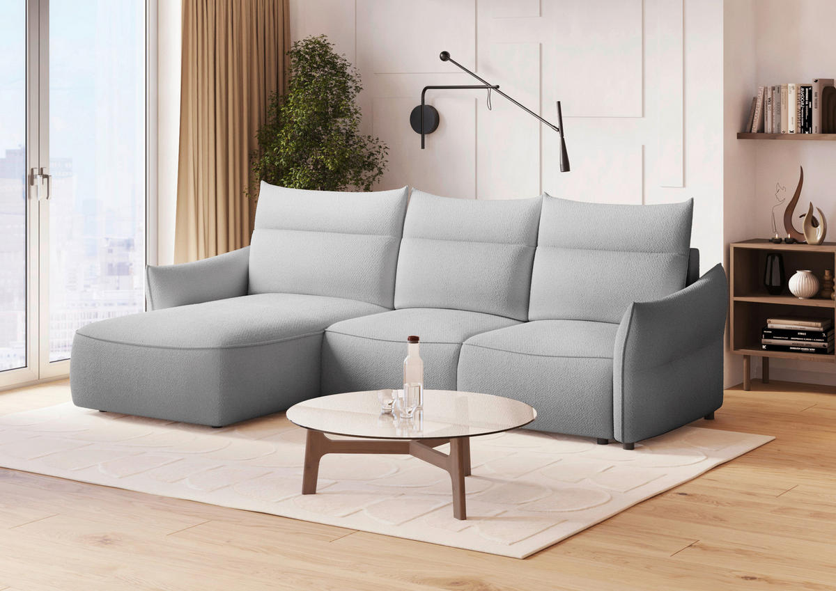 ECKSOFA Grau Webstoff Rückenkissen, Bettkasten, Schlaffunktion, Rücken echt, Liegefläche im Originalstoff  - Schwarz/Grau, KONVENTIONELL, Kunststoff/Textil (179/306cm) - Milino