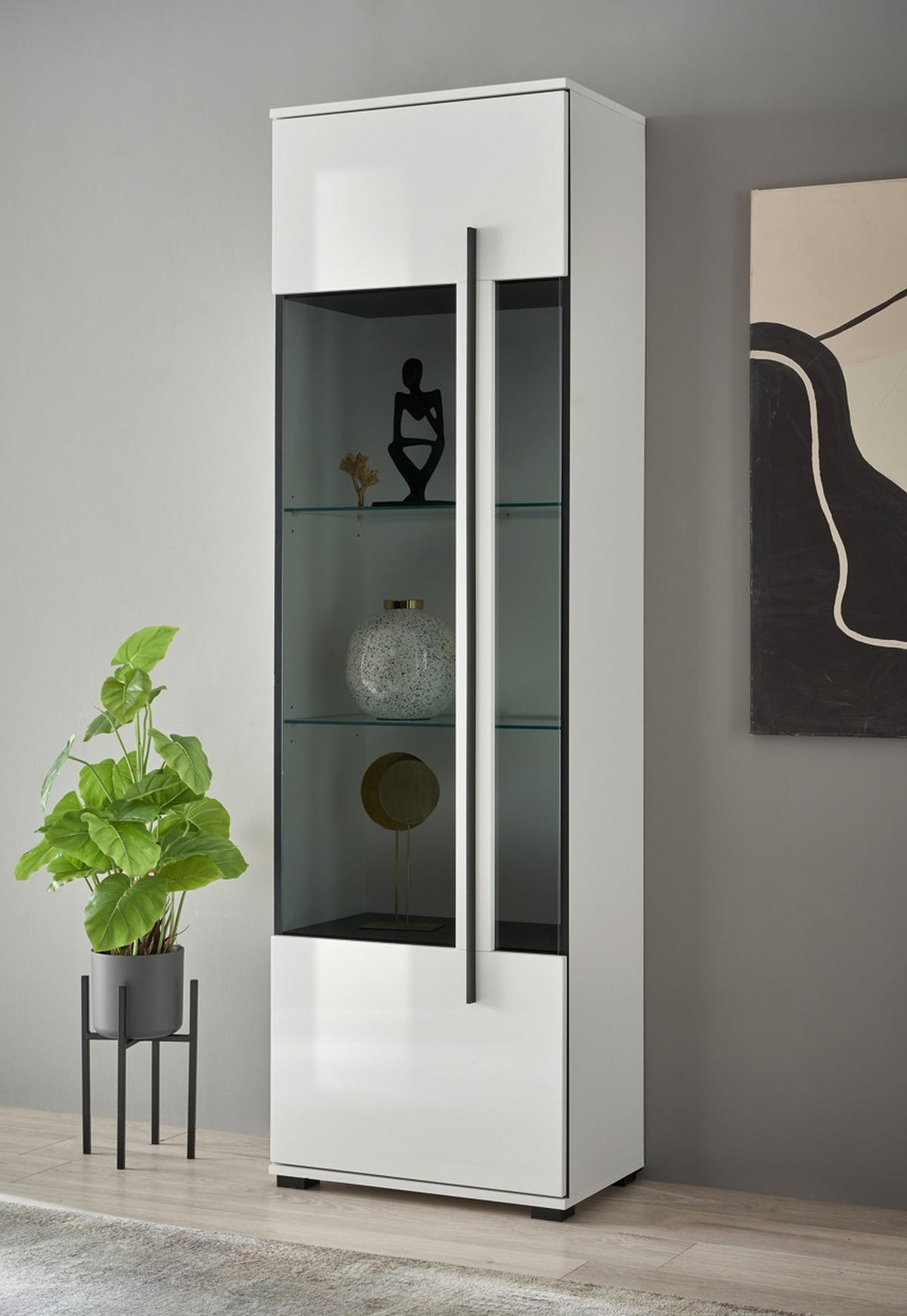 VITRINE  in Weiß Hochglanz  - Weiß Hochglanz/Schwarz, Design, Glas/Holzwerkstoff (60/200/37cm) - Livetastic