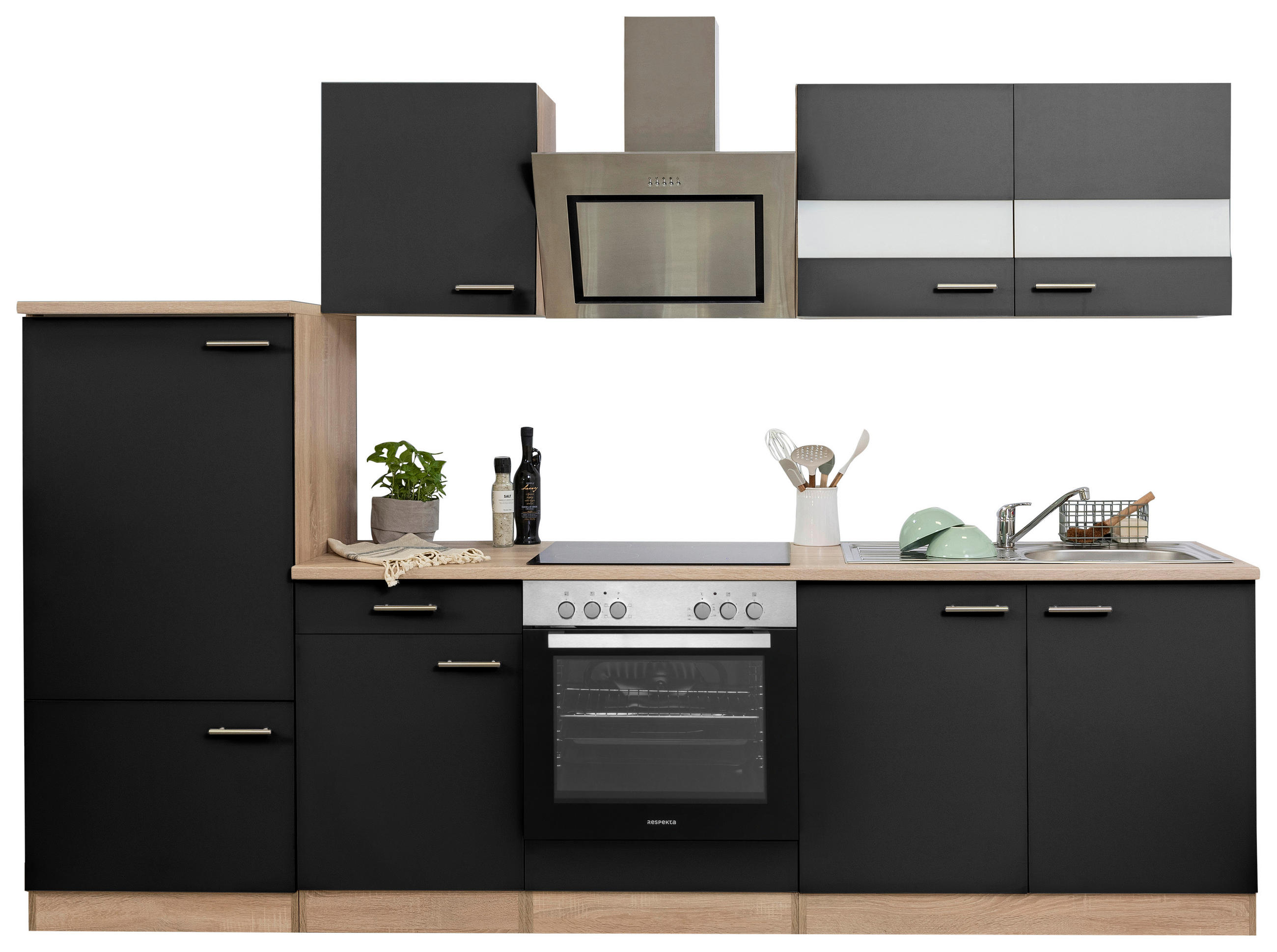 KÜCHENBLOCK 270 cm   in Schwarz  - Edelstahlfarben/Eichefarben, Basics, Holzwerkstoff/Metall (270cm) - Respekta