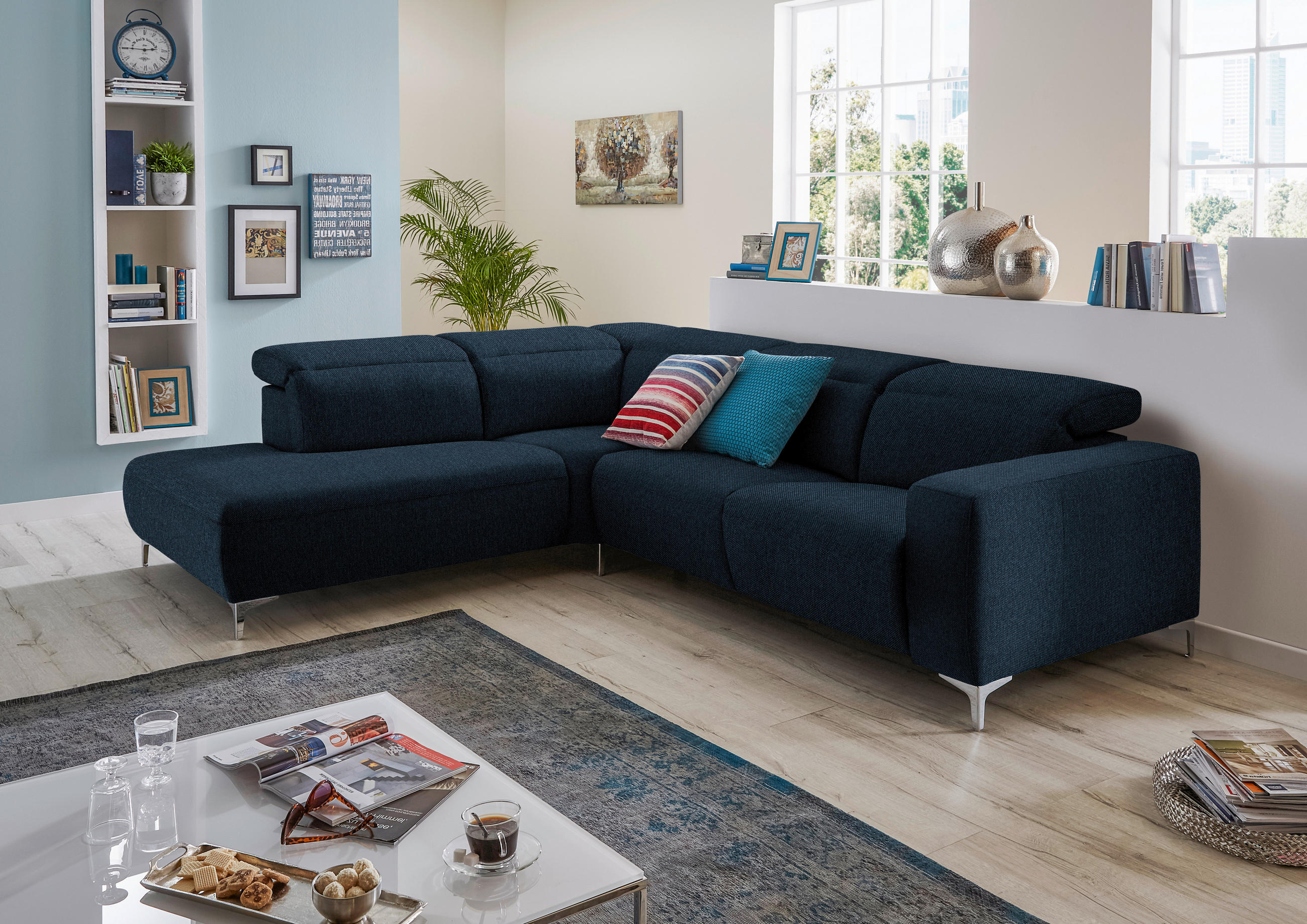 ECKSOFA Dunkelblau Flachgewebe  - Dunkelblau, Design, Textil/Metall (290/238cm) - Pure Home Lifestyle