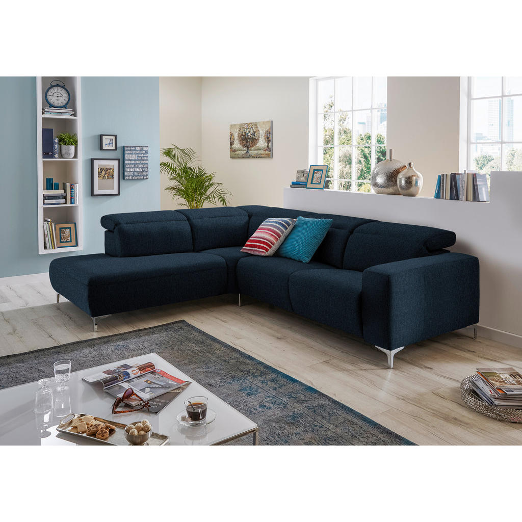 Thumbnail - Pure Home Lifestyle Ecksofa, Dunkelblau, Textil, Uni, 4-Sitzer, Ottomane rechts, L-Form, 290x238 cm, Goldenes M, Dgm, Ty...
