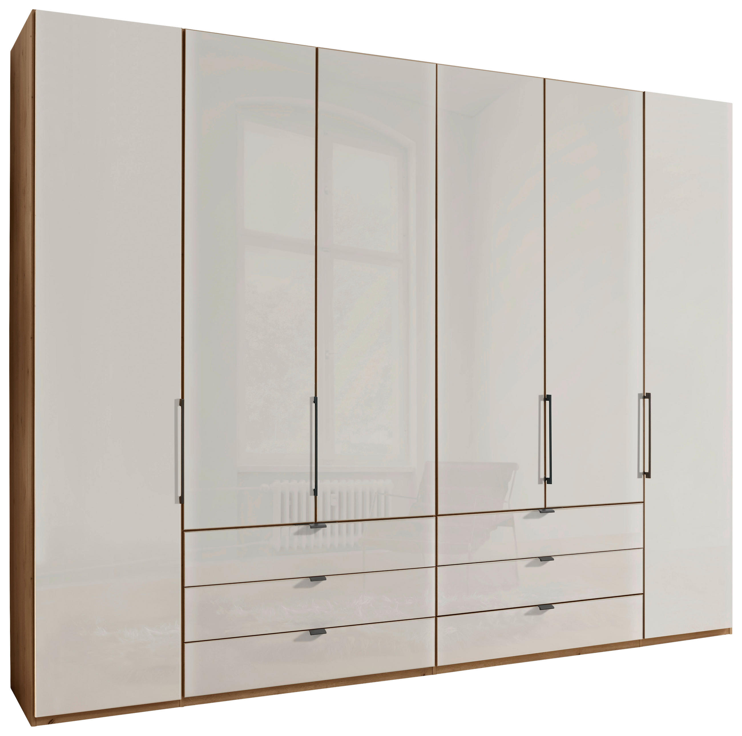FALTTÜRENSCHRANK 300/216/58 cm 6-türig Champagner, Eiche Bianco  - Schieferfarben/Eiche Bianco, KONVENTIONELL, Glas/Holzwerkstoff (300/216/58cm) - Dieter Knoll
