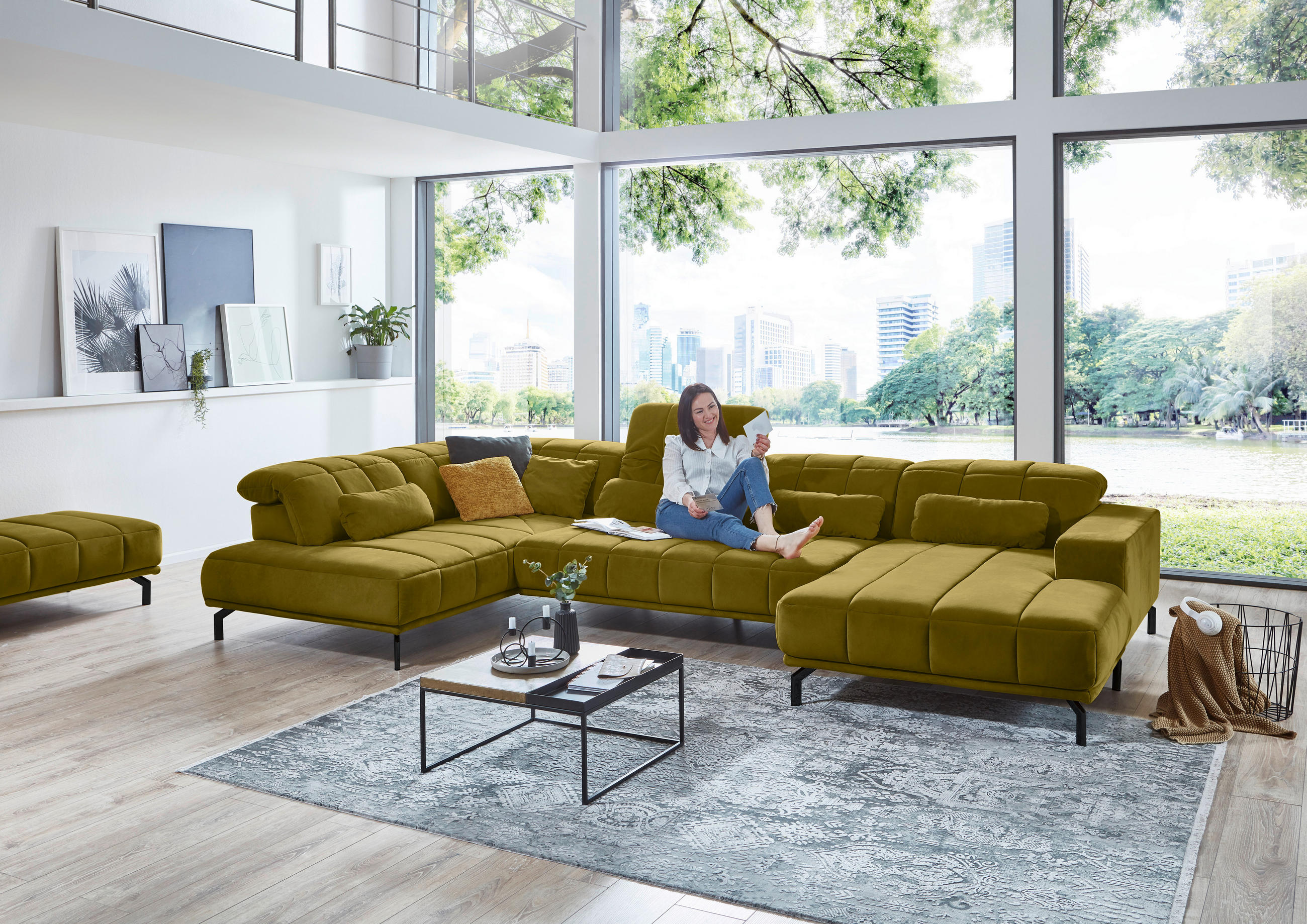 WOHNLANDSCHAFT Grün Velours - Schwarz/Grün, Design, Textil/Metall (219/383/195cm) - Beldomo Style