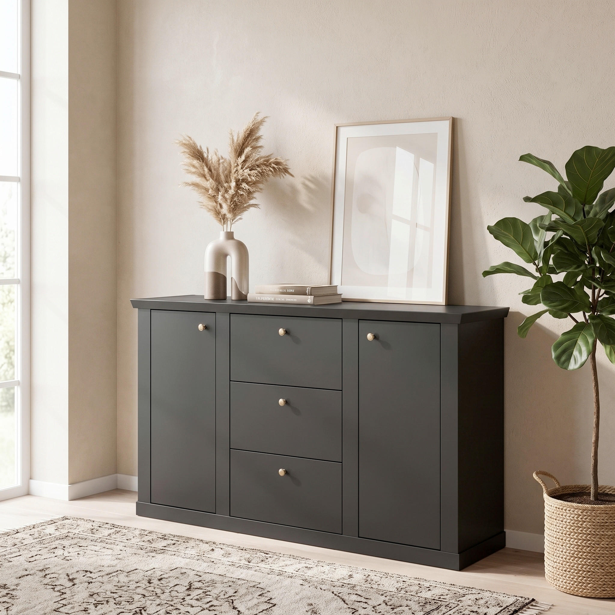 Mid.you Sideboard Schwarz, Eiche 158x92x42 cm