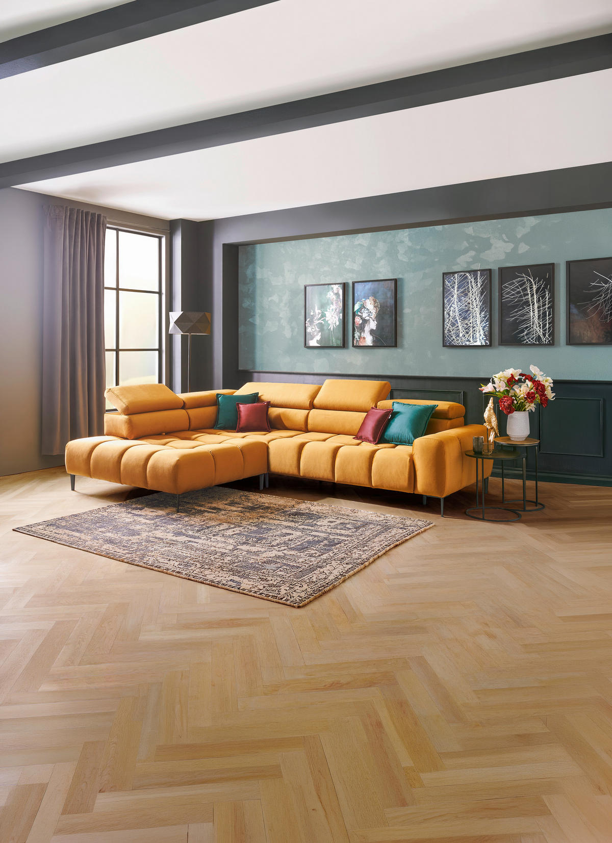 ECKSOFA Currygelb Webstoff Rücken echt, Kopfteilverstellung, Sitztiefenverstellung  - Currygelb/Schwarz, Design, Textil/Metall (216/300cm) - Welnova