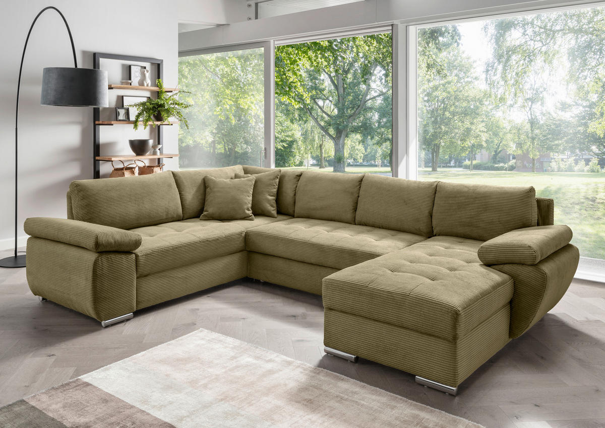 Wohnlandschaft in Cord Olivgrün  - Chromfarben/Olivgrün, KONVENTIONELL, Textil/Metall (219/305/157cm) - Livetastic