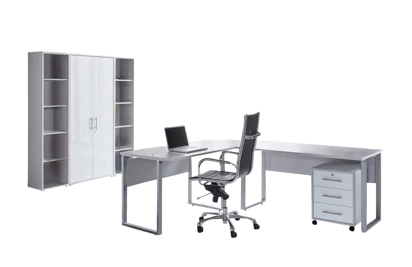 BÜRO erweiterbar, in verschiedenen Holz-Dekoren erhältlich, Schreibtisch seitenverkehrt montierbar, abschließbar Grau, Weiß Hochglanz - Weiß Hochglanz/Grau, MODERN, Holzwerkstoff - MID.YOU