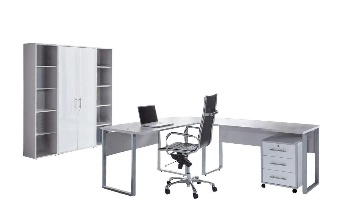 BÜRO erweiterbar, in verschiedenen Holz-Dekoren erhältlich, Schreibtisch seitenverkehrt montierbar, abschließbar Grau, Weiß Hochglanz - Weiß Hochglanz/Grau, MODERN, Holzwerkstoff - MID.YOU