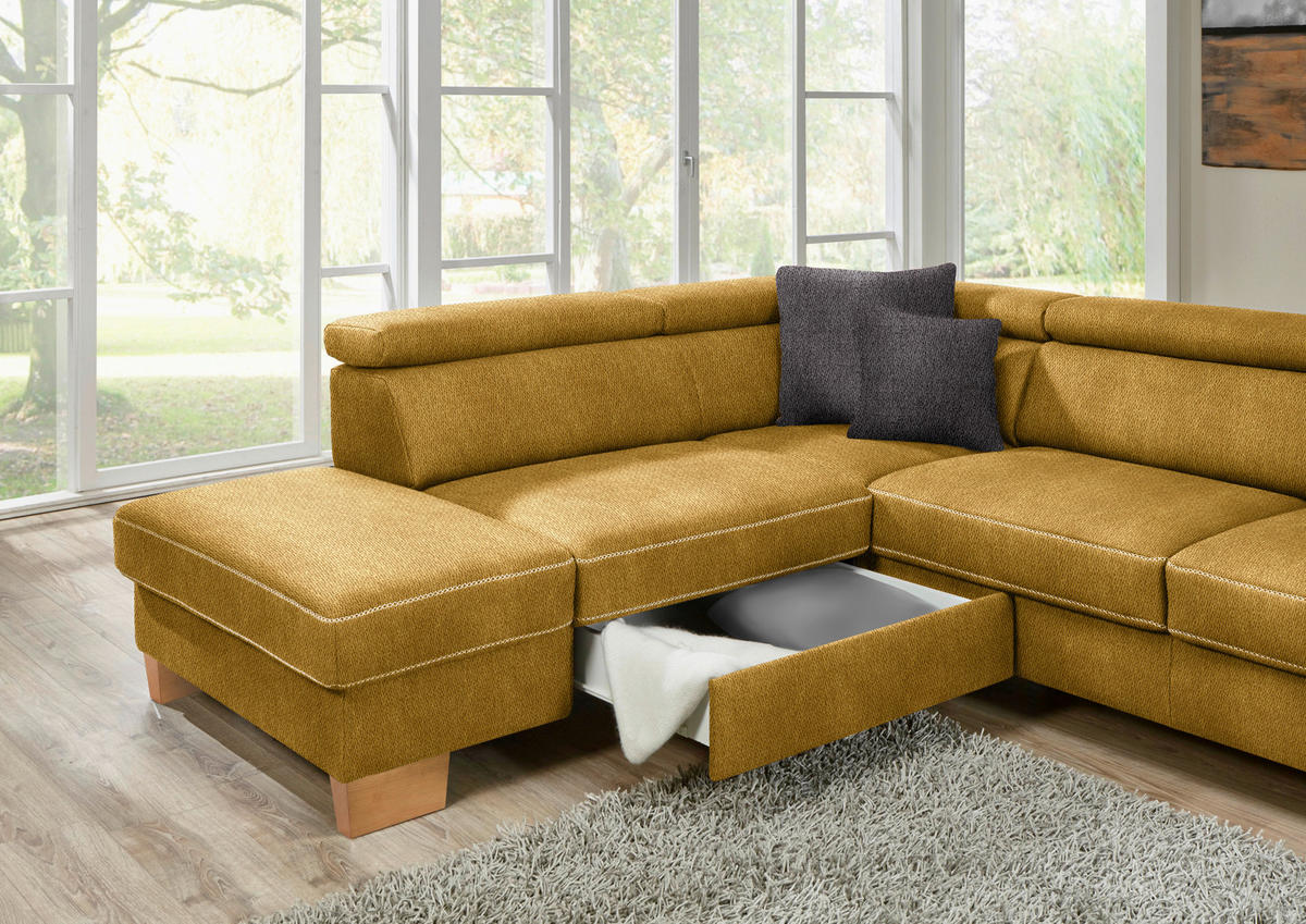 ECKSOFA in Mikrofaser Currygelb  - Currygelb/Eichefarben, Natur, Holz/Textil (273/226cm) - Beldomo System