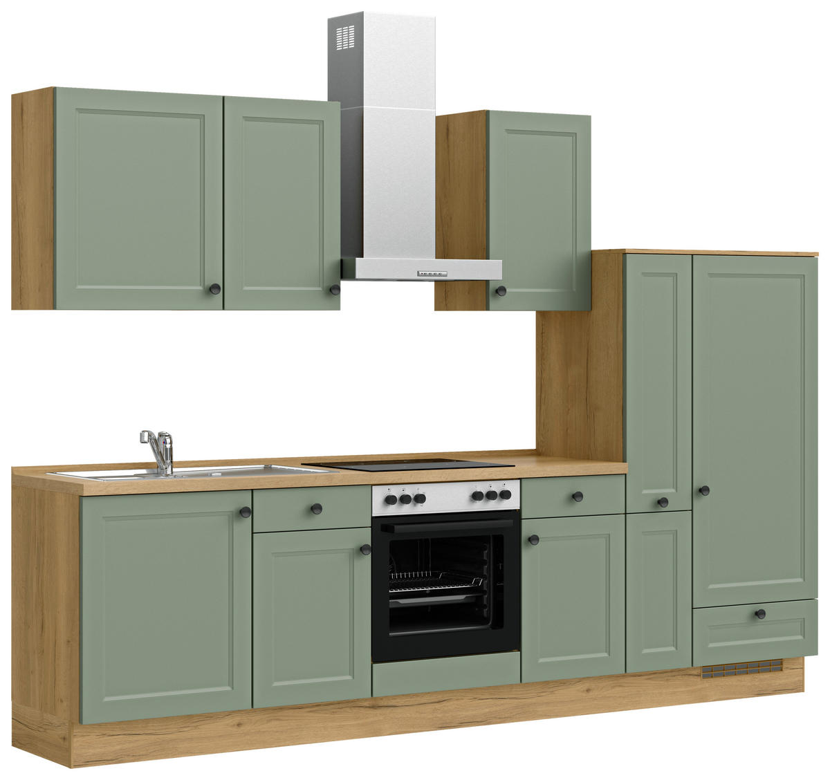 KÜCHENBLOCK 300 cm   in Eichefarben, Schilfgrün  - Schilfgrün/Eichefarben, MODERN, Holzwerkstoff/Metall (300cm) - Nobilia