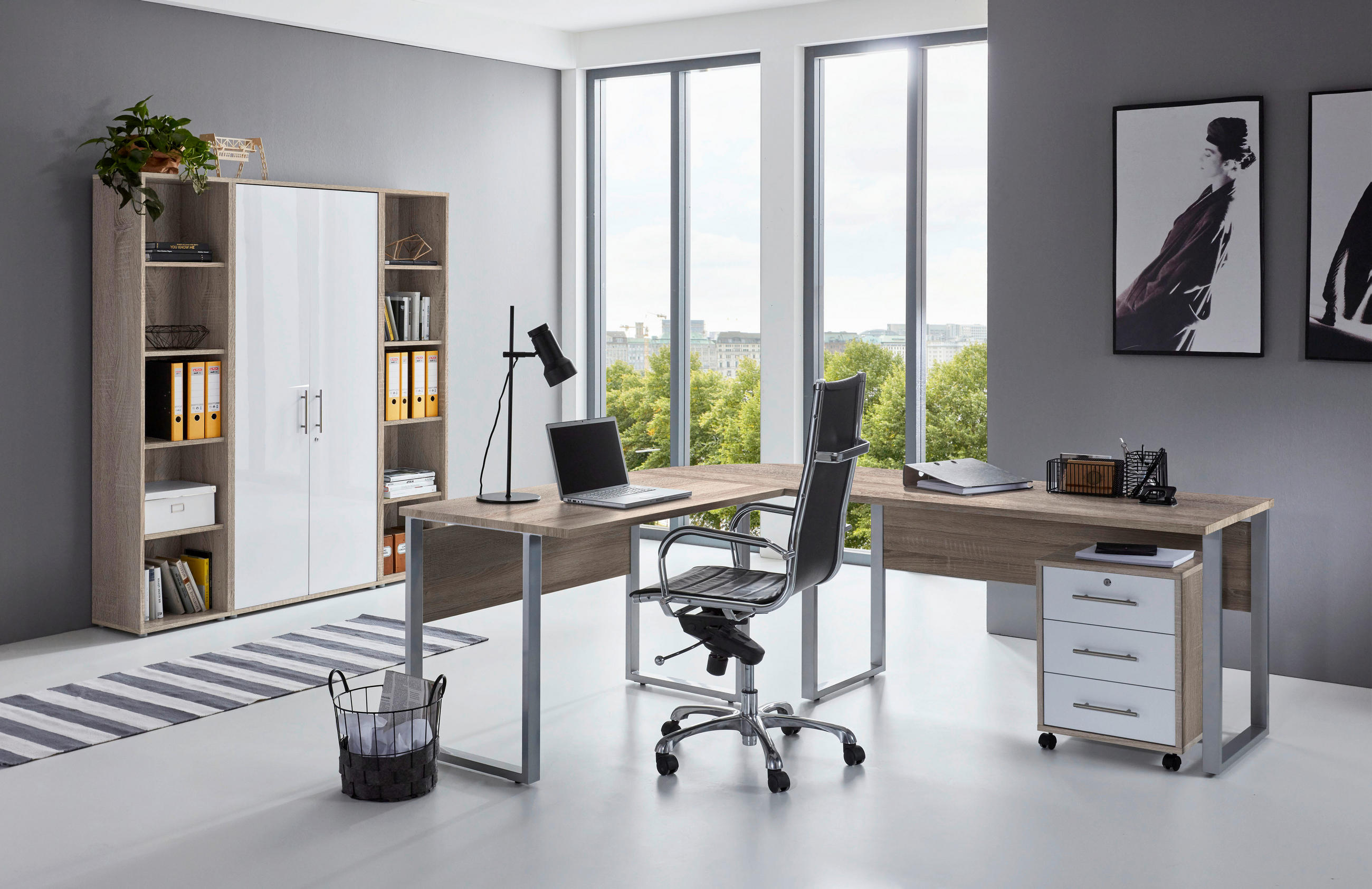 BÜRO erweiterbar, in verschiedenen Holz-Dekoren erhältlich, Schreibtisch seitenverkehrt montierbar, abschließbar Sonoma Eiche, Weiß Hochglanz - Weiß Hochglanz/Sonoma Eiche, MODERN, Holzwerkstoff - MID.YOU