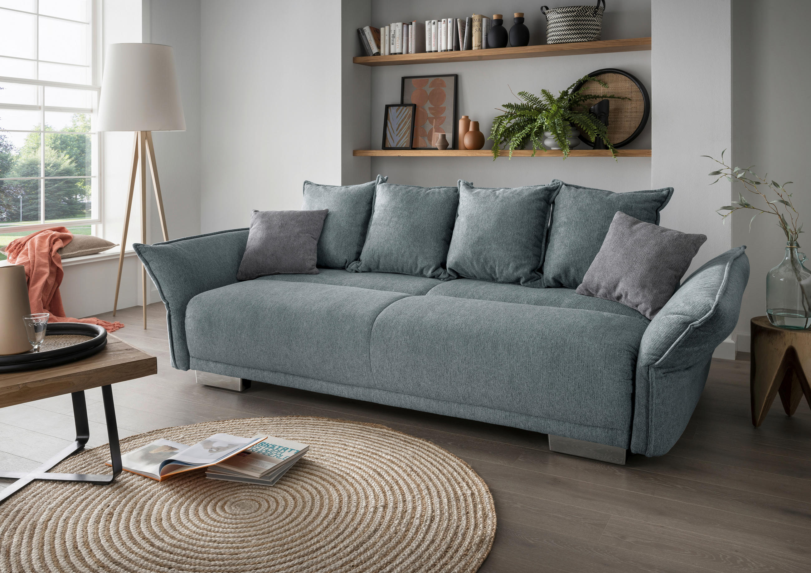 BIGSOFA in Chenille Mintgrün  - Chromfarben/Silberfarben, MODERN, Kunststoff/Textil (242/71/90/131cm) - Livetastic