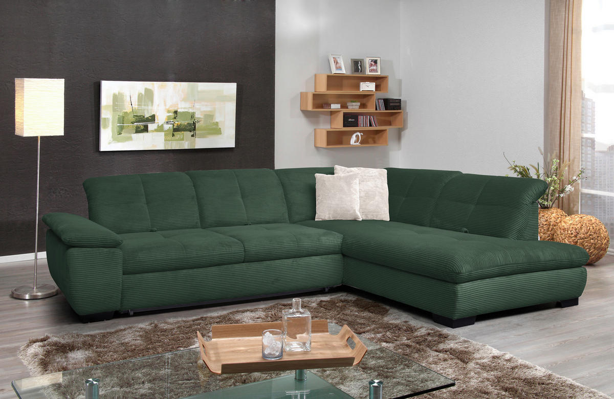 ECKSOFA in Cord Grün  - Schwarz/Grün, Design, Textil/Metall (313/242cm) - Xora