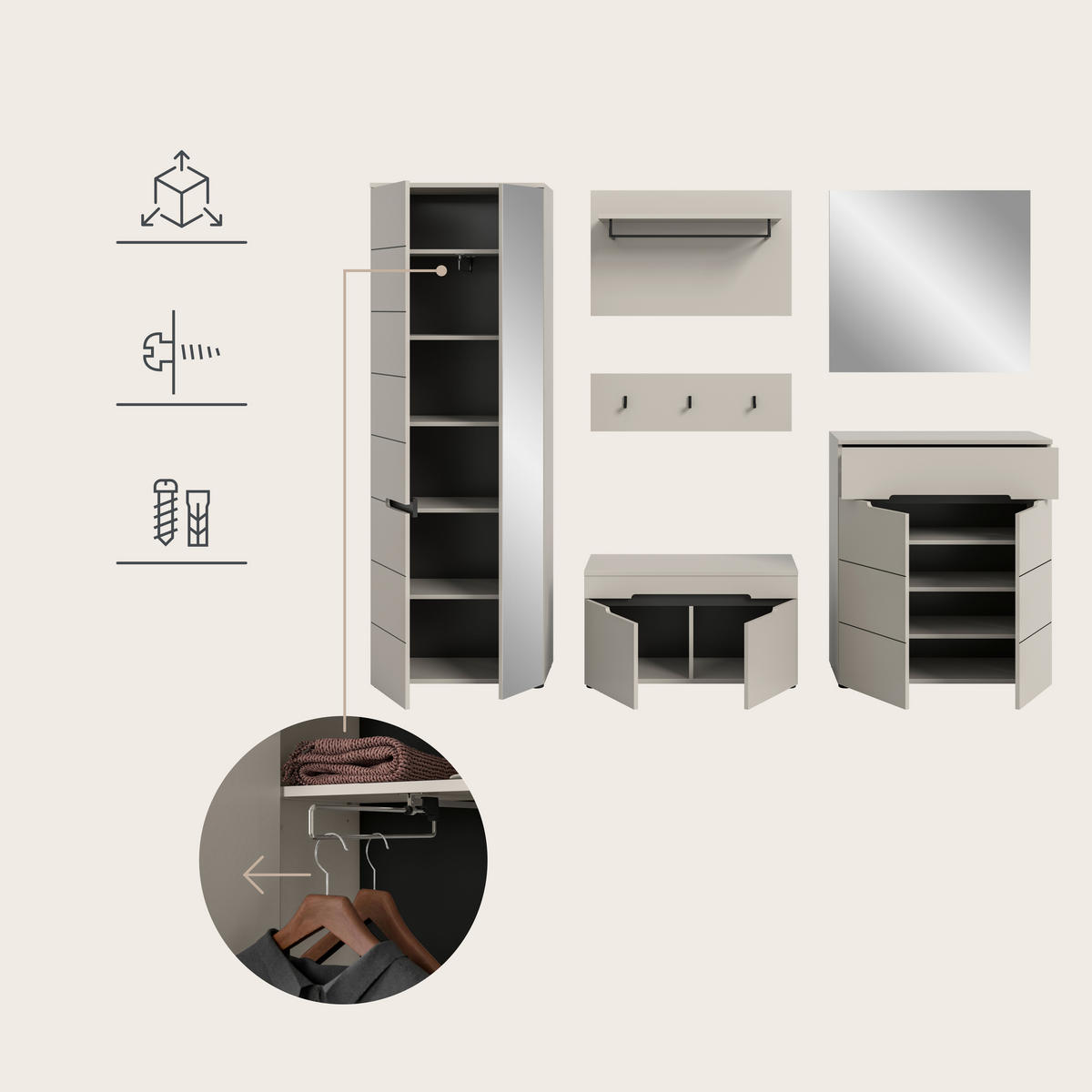GARDEROBE 4-teilig  in 175/190/37 cm  - Kaschmir/Grau, Design, Holzwerkstoff (175/190/37cm) - MID.YOU
