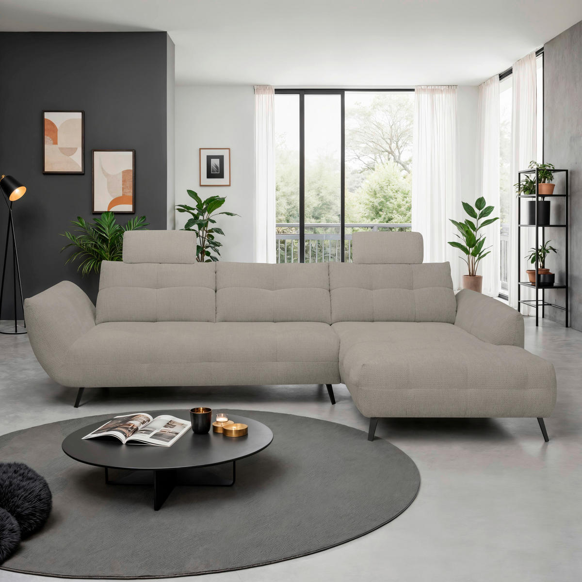 ECKSOFA Taupe Chenille Armlehnenkissen, Rücken echt, Sitztiefenverstellung  - Taupe/Schwarz, KONVENTIONELL, Textil/Metall (313/215cm) - Hom`in