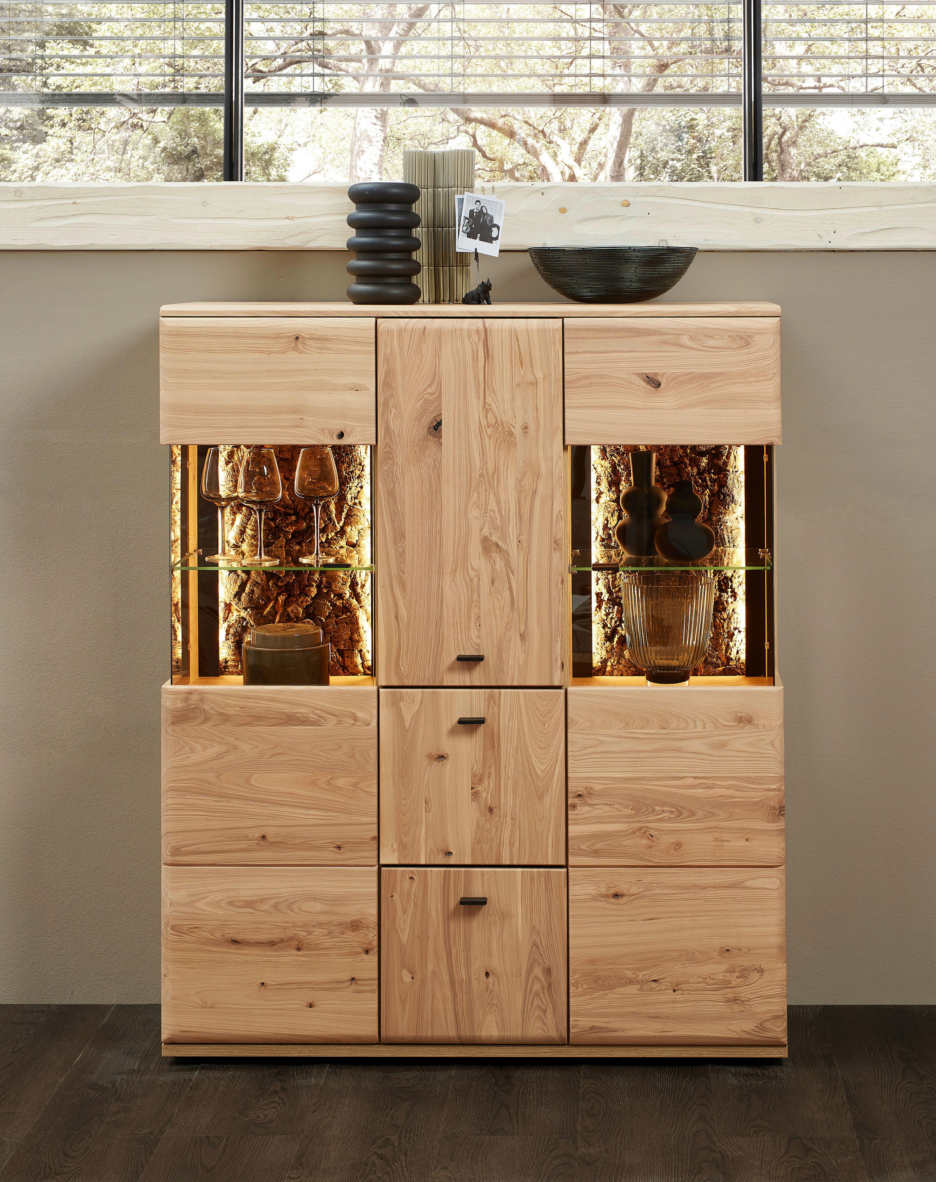 HIGHBOARD  in 116/140/40 cm  - Eschefarben/Anthrazit, Natur, Glas/Holz (116/140/40cm) - Linea Natura