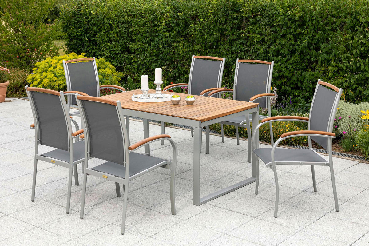 GARTENTISCHGRUPPE beschichtet AkazieHartholz Aluminium  - Silberfarben/Naturfarben, KONVENTIONELL, Holz/Textil - Gardenson