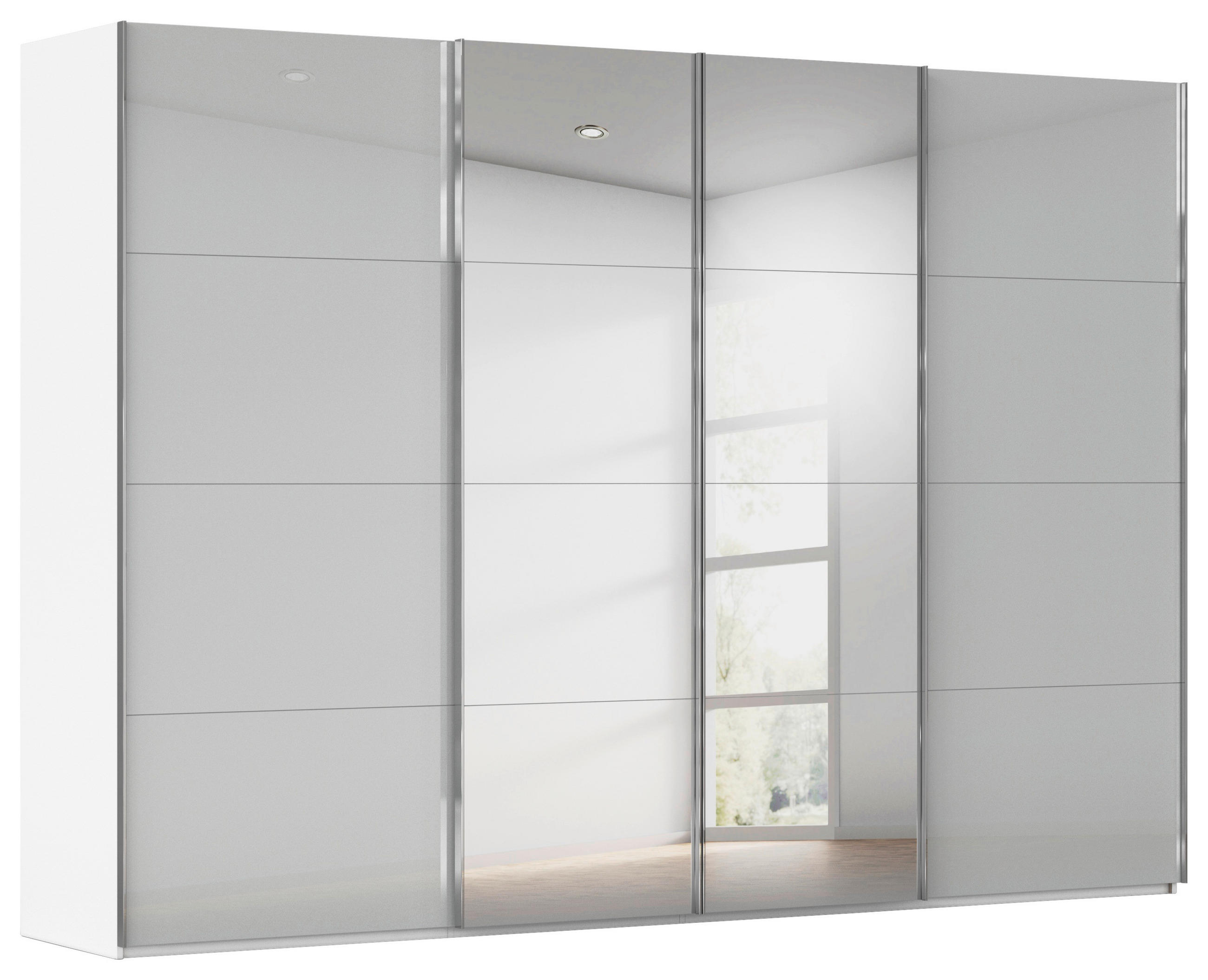 SCHWEBETÜRENSCHRANK 316/223/68 cm 4-türig Weiß, Seidengrau  - Chromfarben/Seidengrau, Design, Glas/Holzwerkstoff (316/223/68cm) - Novel