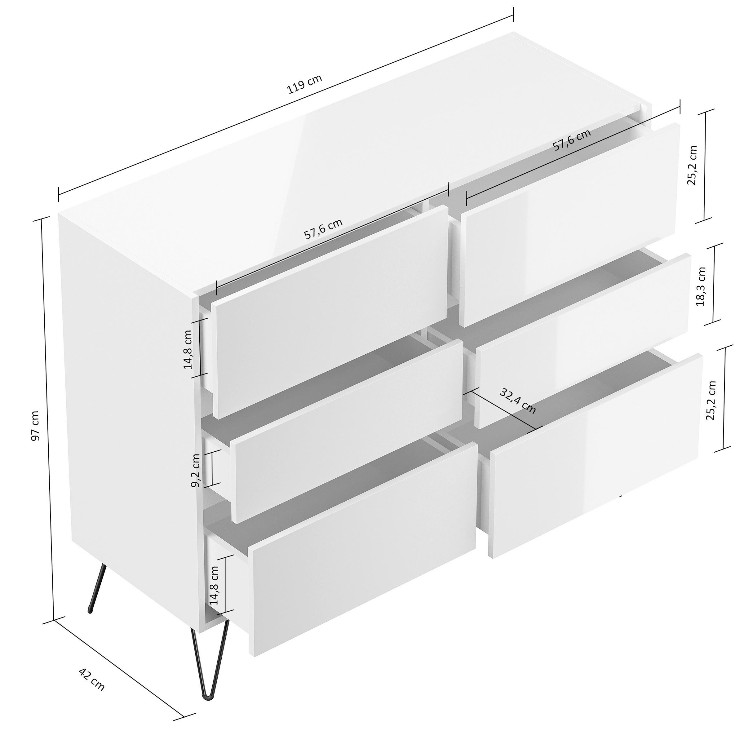Thumbnail - P & B Sideboard Posseik Industrial, Weiß Hochglanz, Elfenbein, Holzwerkstoff, 6 Schublade(n) Schubladen, 120x93.6x42 cm,...