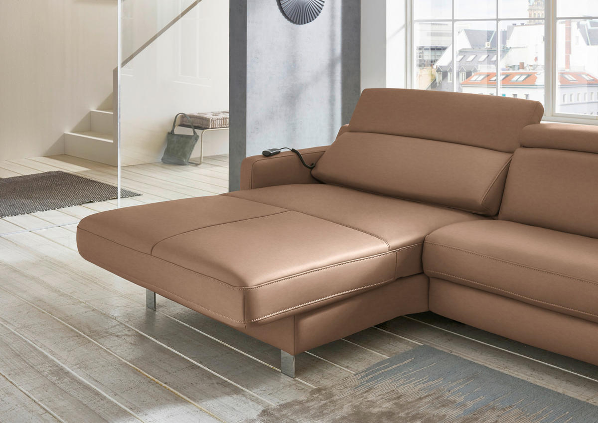 ECKSOFA Echtleder Braun  - Chromfarben/Braun, Design, Leder/Metall (176/291cm) - Valdera