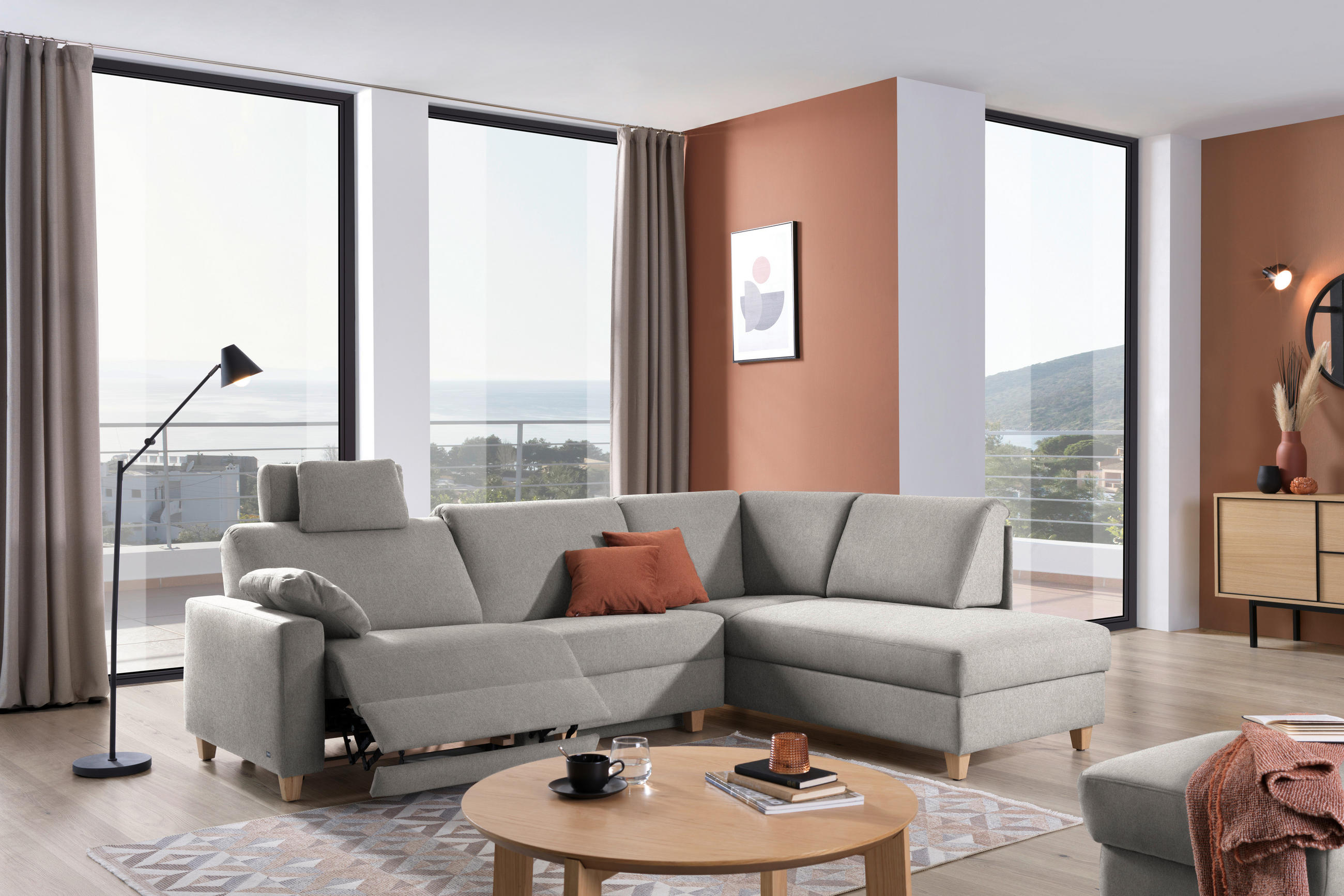 ECKSOFA in Flachgewebe Ecru  261/203 cm  - Ecru/Eichefarben, KONVENTIONELL, Holz/Textil (261/203cm) - Sedda