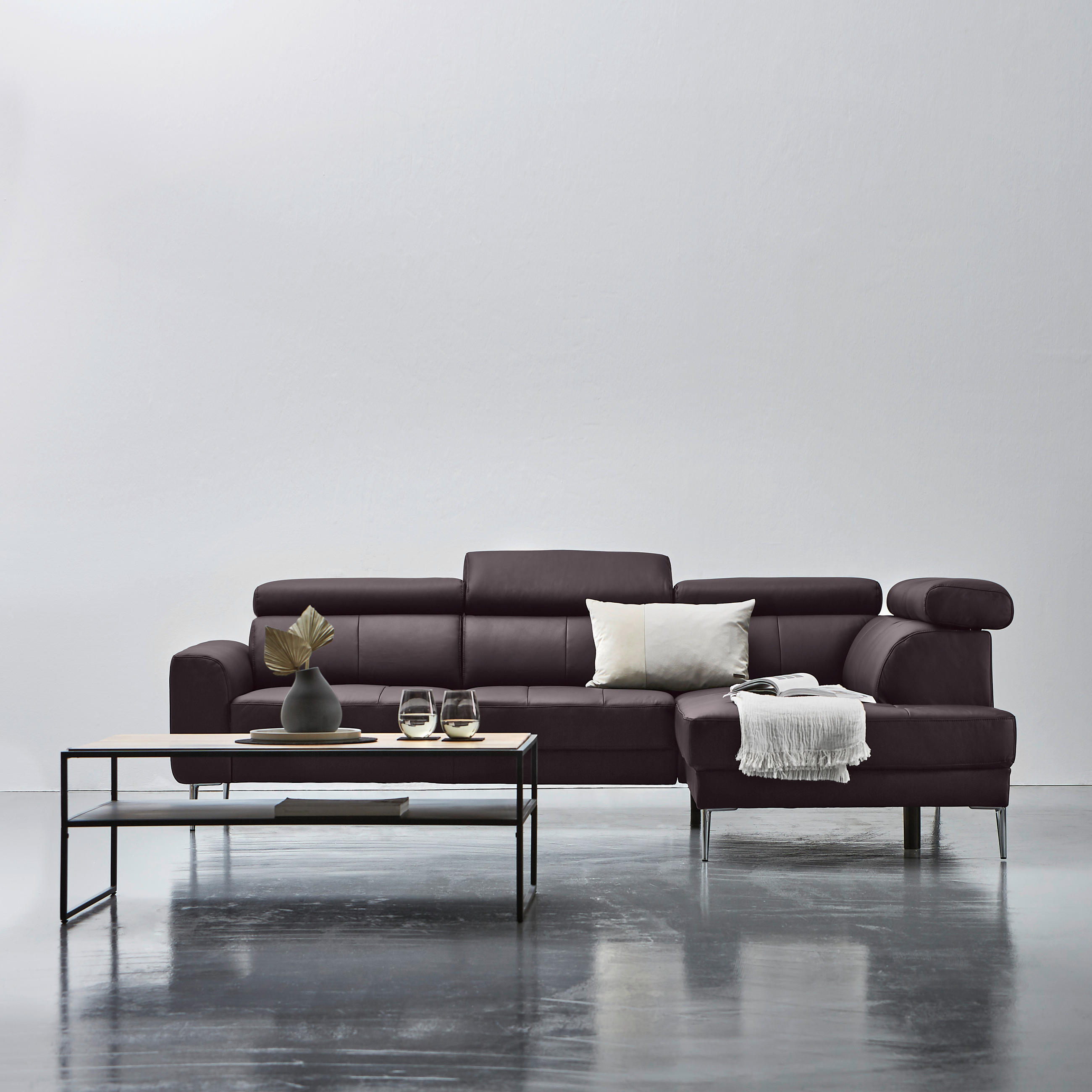 ECKSOFA Braun Echtleder  - Chromfarben/Braun, Design, Leder/Metall (262/213cm) - Hom`in