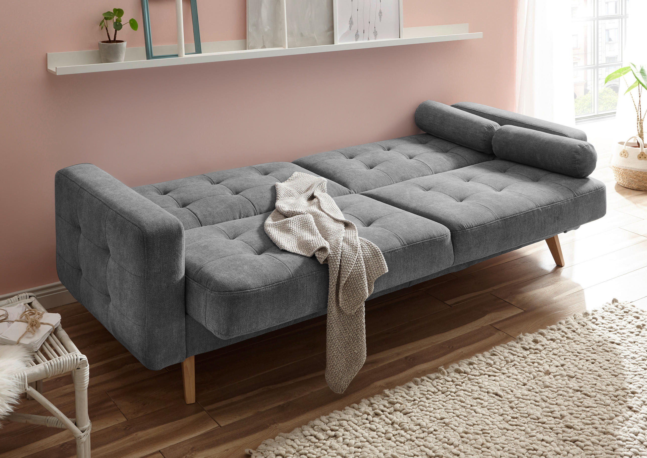 SCHLAFSOFA Mikrovelours Dunkelgrau  - Eichefarben/Dunkelgrau, MODERN, Holz/Textil (222/86/90cm) - MID.YOU