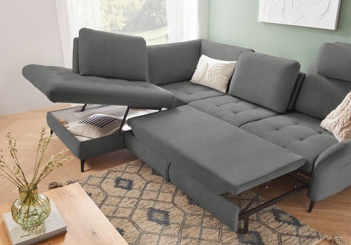 ECKSOFA in Flachgewebe Grau  - Schwarz/Grau, Natur, Textil/Metall (233/288cm) - Valnatura