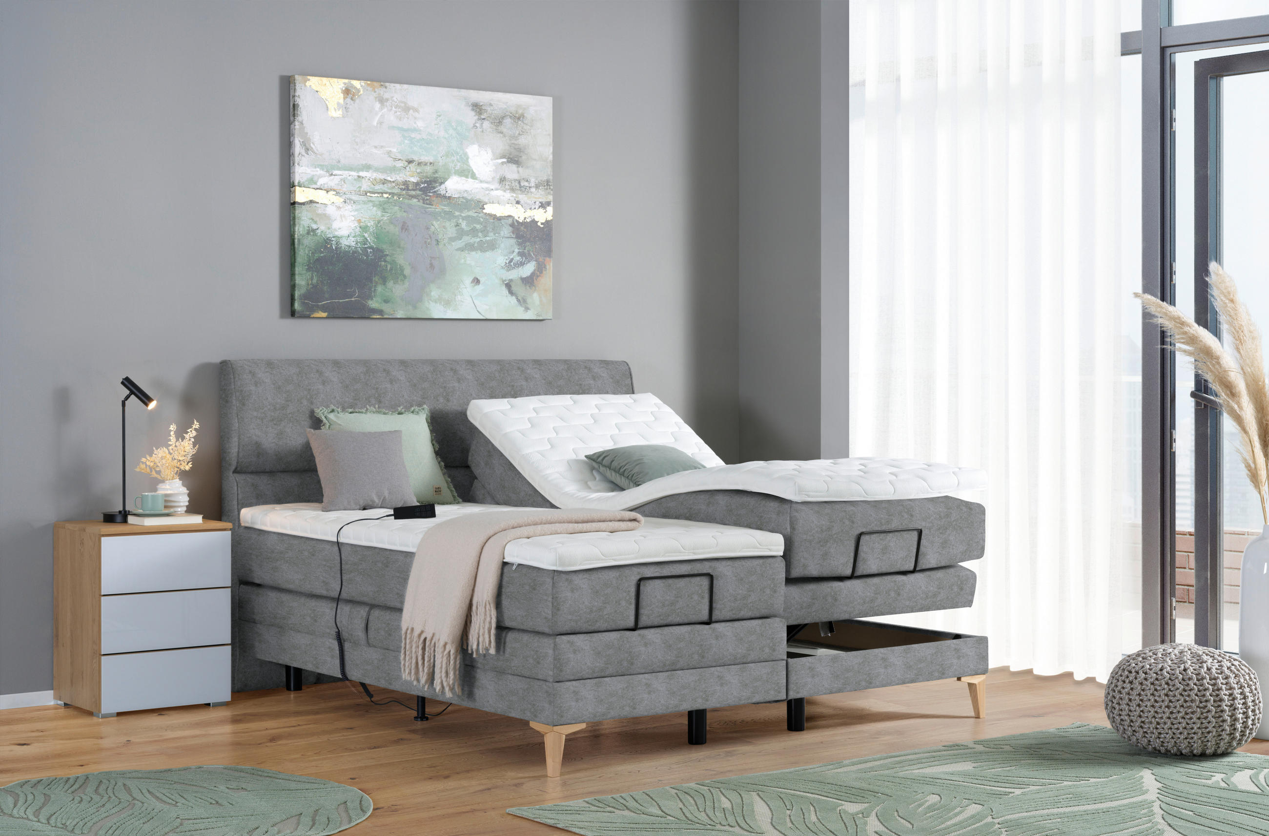 BOXSPRINGBETT 160/200 cm  in Grau  - Eichefarben/Grau, Konventionell, Holz/Textil (160/200cm) - Voleo