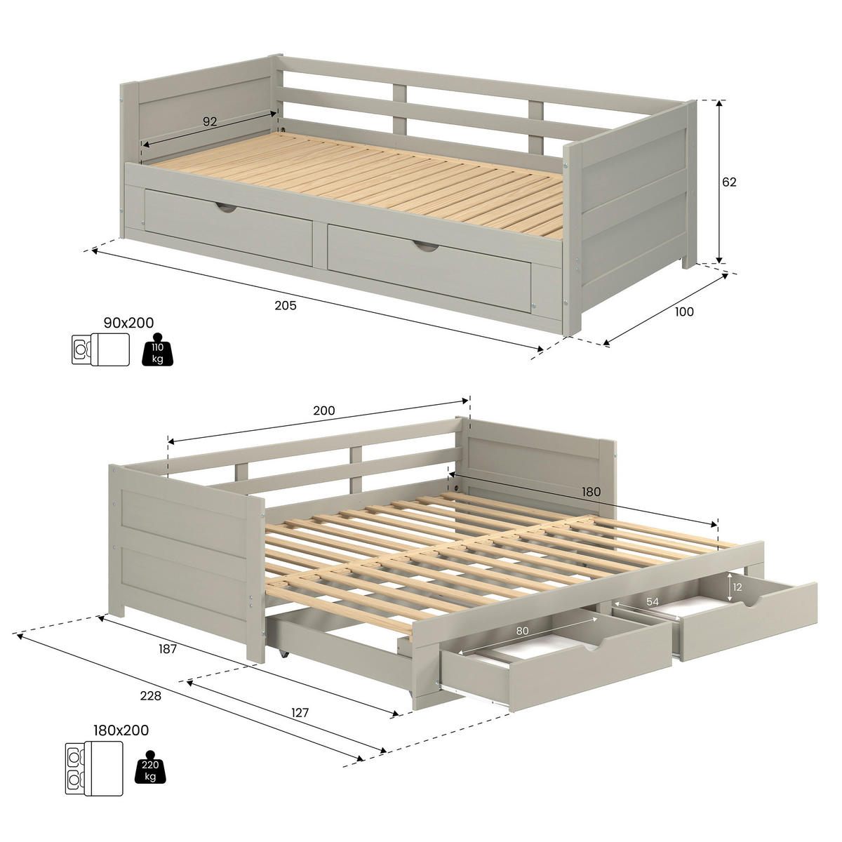 AUSZIEHBETT 200/100 cm Taupe  - Taupe/Naturfarben, Modern, Holz/Holzwerkstoff (200/100cm) - MID.YOU