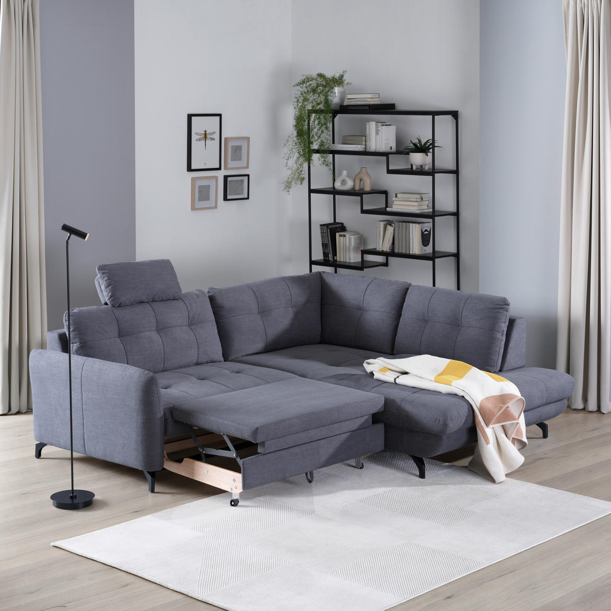 ECKSOFA in Flachgewebe, Leinenoptik Dunkelgrau  - Dunkelgrau/Schwarz, Modern, Textil/Metall (247/208cm) - Xora