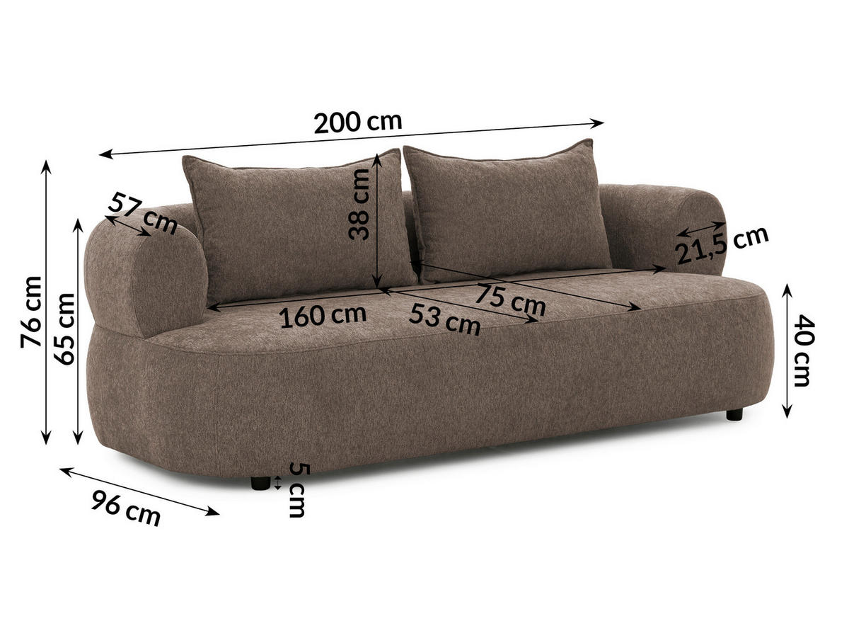 3-SITZER-SOFA Chenille Braun  - Schwarz/Braun, Design, Kunststoff/Textil (200/76/96cm) - Livetastic