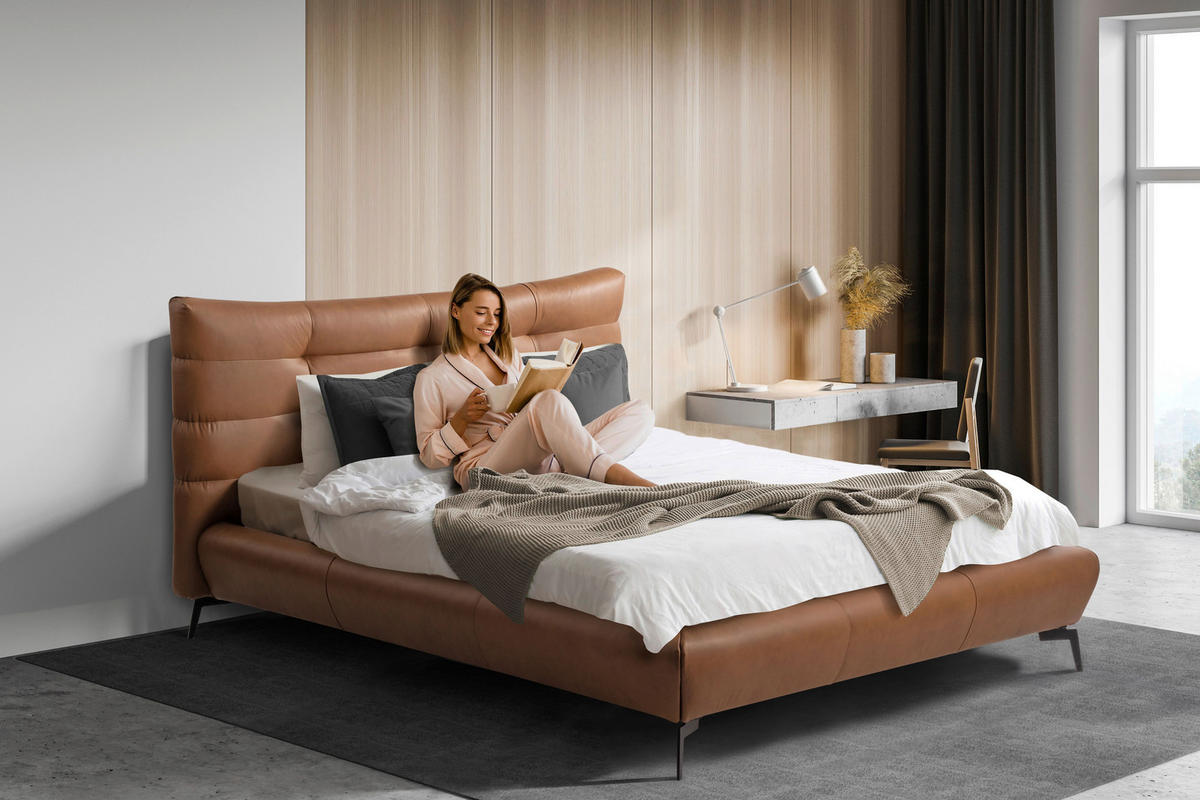 POLSTERBETT gepolstertes Kopfteil Cognac 180/200 cm  - Cognac/Schwarz, Design, Leder/Metall (180/200cm) - Esposa