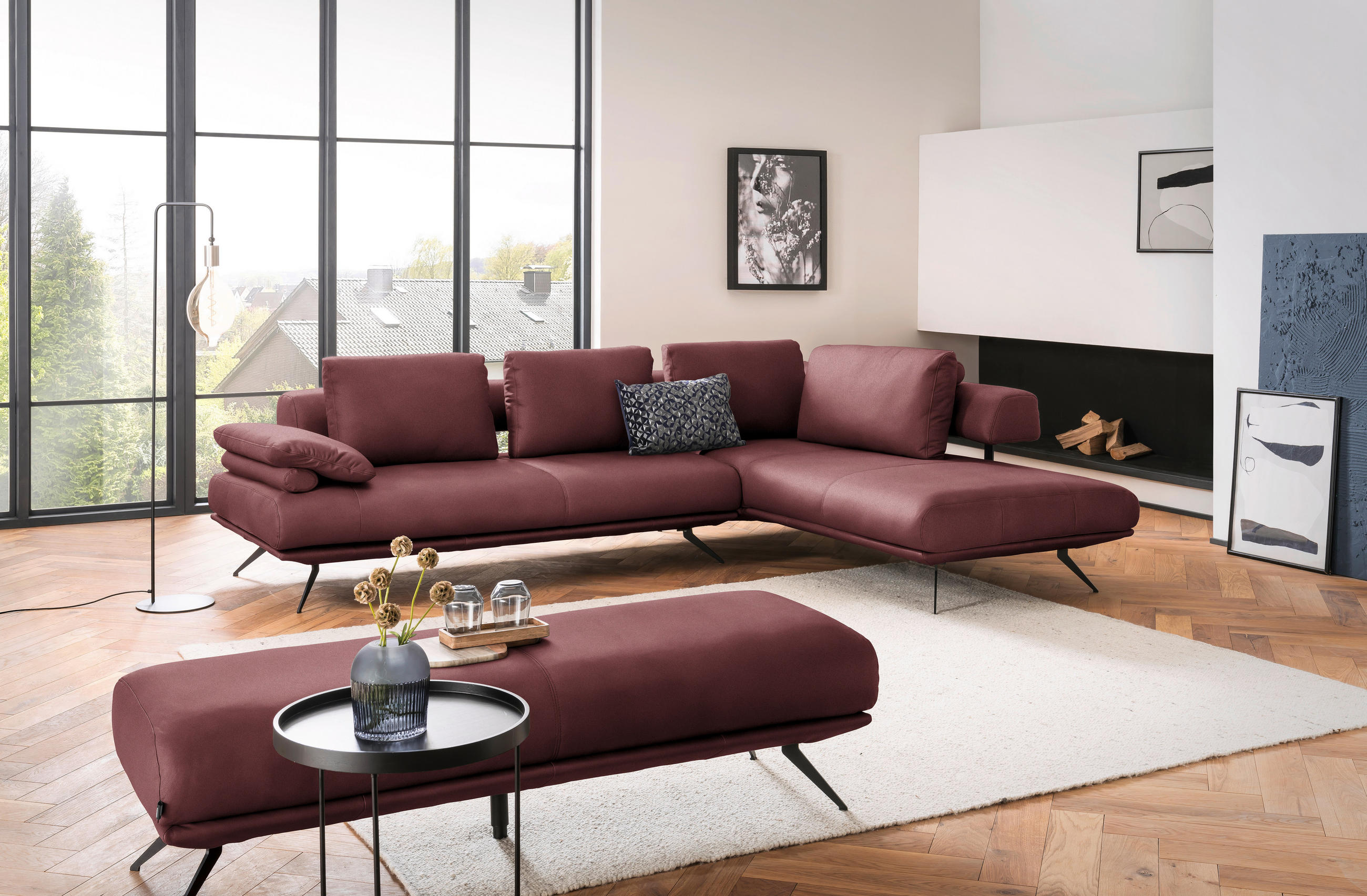ECKSOFA in Echtleder Bordeaux  - Bordeaux/Schwarz, Design, Leder/Metall (305/231cm) - Dieter Knoll