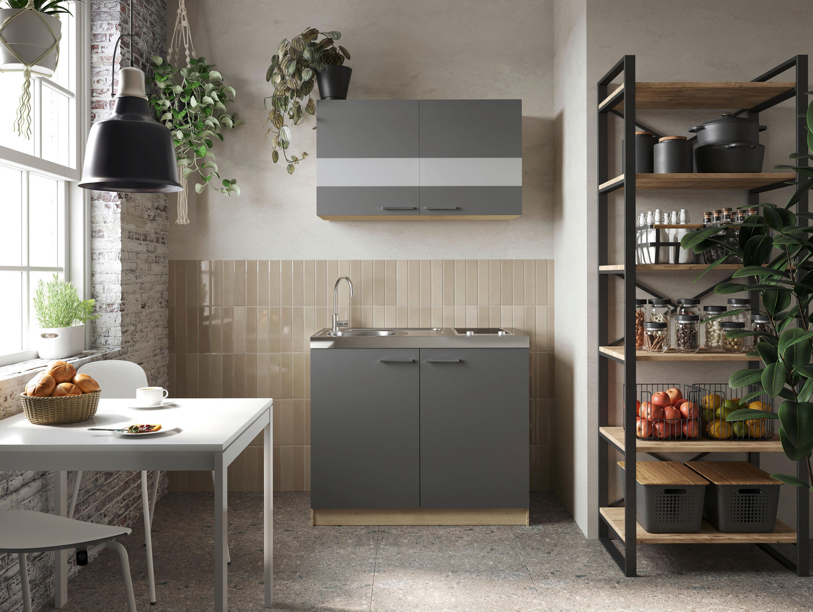 MINIKÜCHE 100 cm   in Grau, Eichefarben  - Eichefarben/Silberfarben, Basics, Glas/Holzwerkstoff (100cm) - Respekta