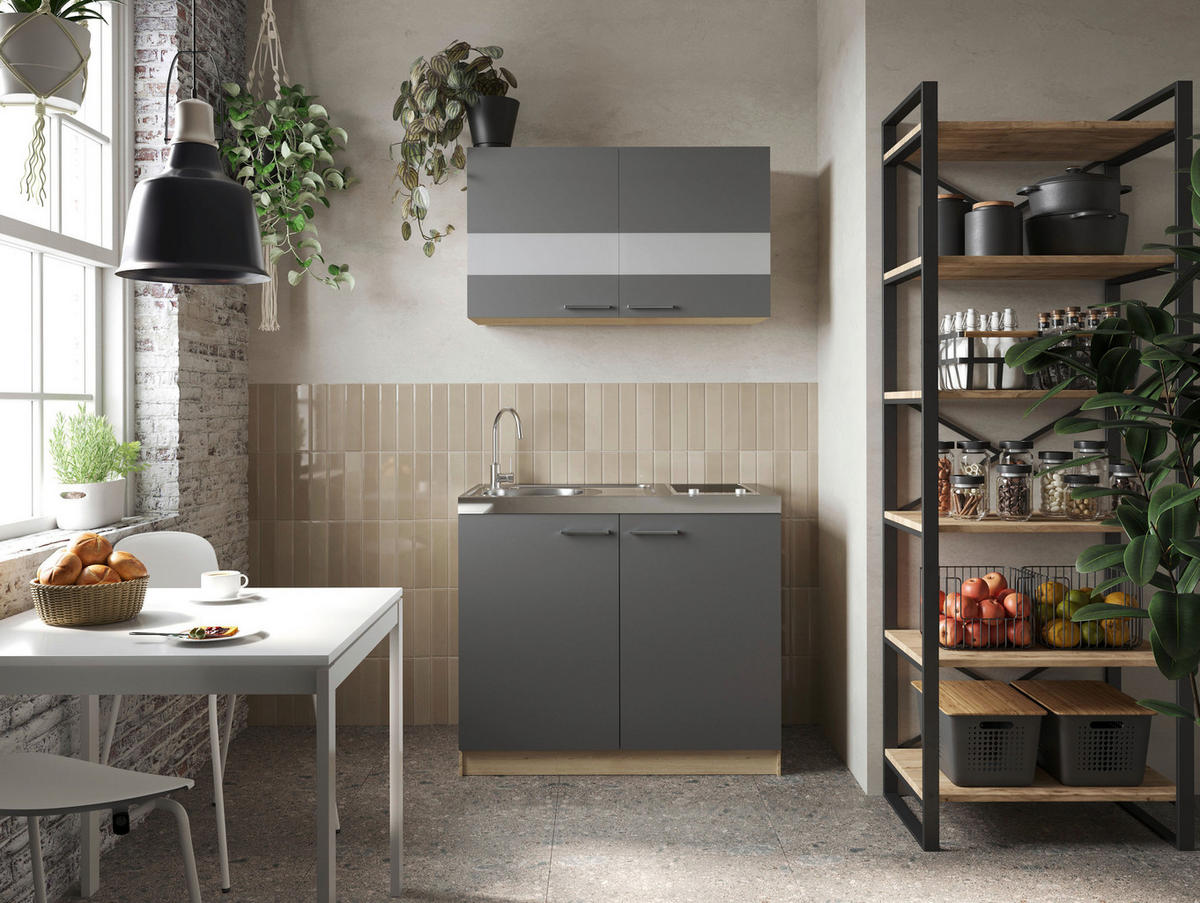 MINIKÜCHE 100 cm   in Grau, Eichefarben  - Eichefarben/Silberfarben, Basics, Glas/Holzwerkstoff (100cm) - Respekta