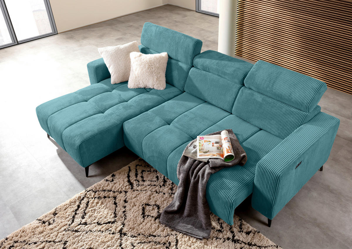 ECKSOFA Petrol Cord Rücken echt, Kopfteilverstellung, Sitzvorzug  - Petrol/Schwarz, KONVENTIONELL, Textil/Metall (170/257cm) - Carryhome